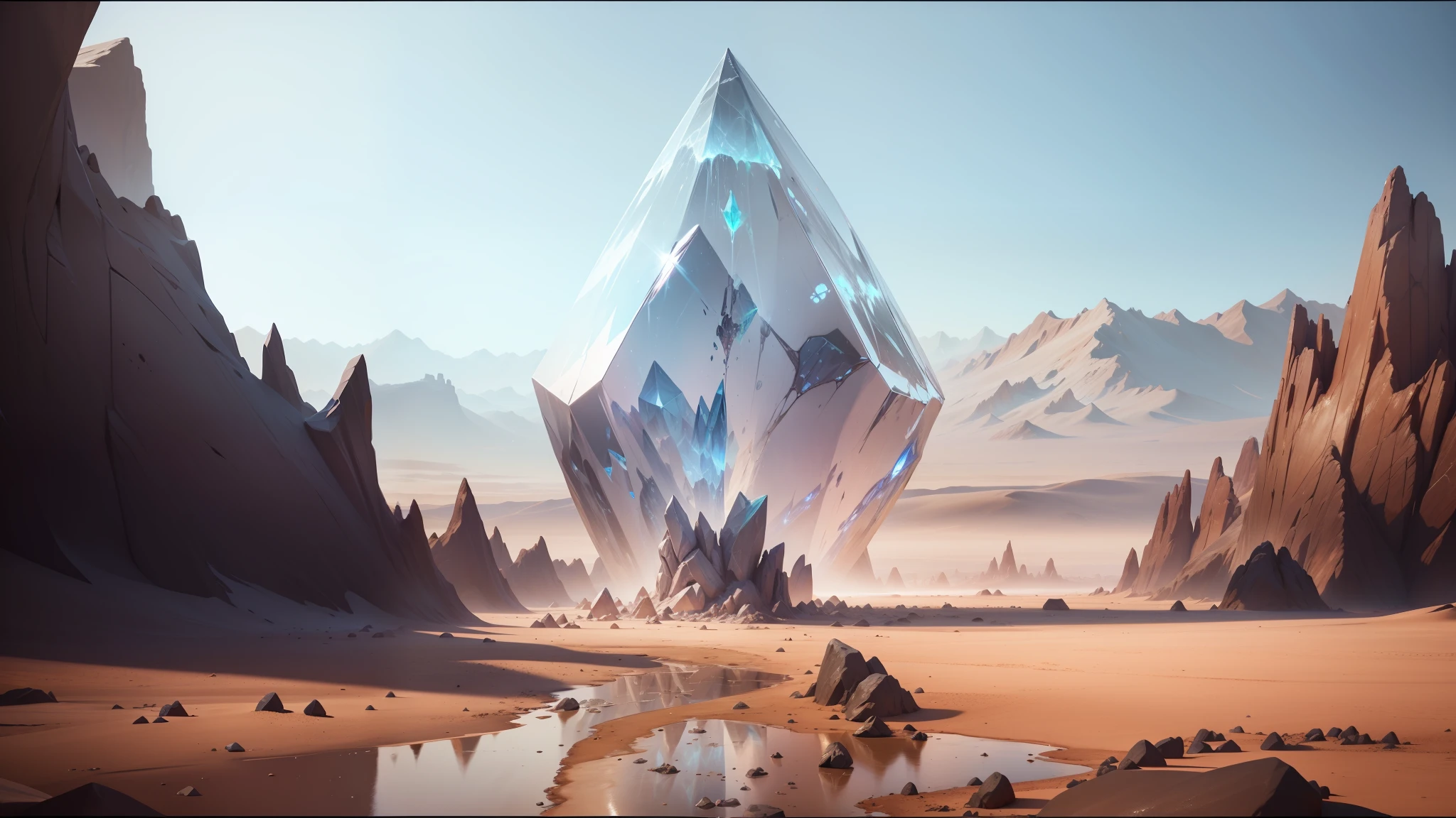 there is a large crystal in the middle of a desert, unreal engine 5 », trending on artstattion, psytrance, obelisk, cgsociety!, trending on artstaion, mobile game asset, riven, large diamonds, by Jacques Maroger, from netflix's arcane, fantasy aesthetic