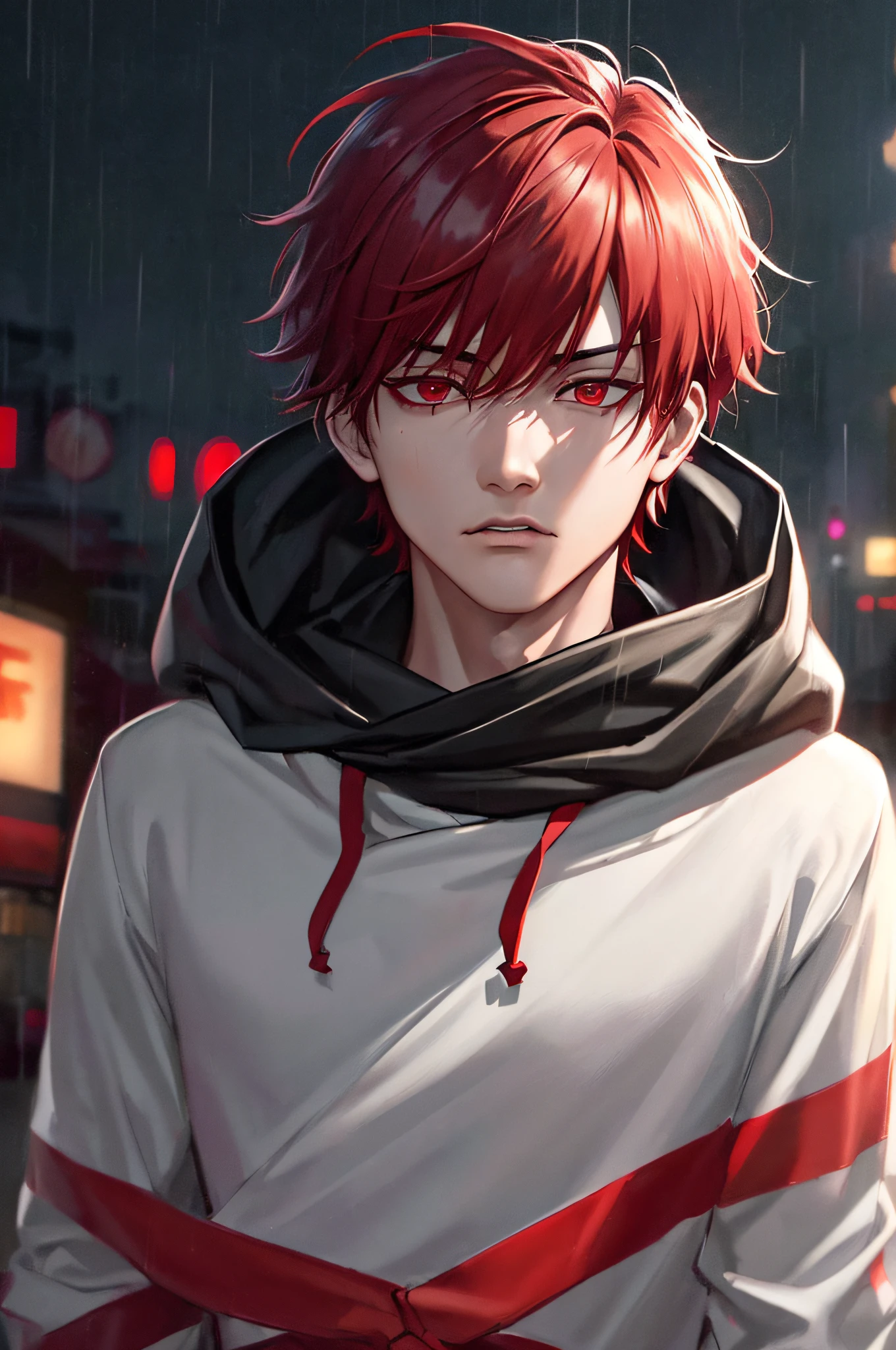 kk, best quality, more details, mastery, 1boy, kaneki ken, portrait, male focus, red eyes, solo, bangs, looking at viewer, hood, short hair, rain, tokyo tokyo \(city\), bandana, nail polishing, red hair, luxury, 8k, details, ray tracing, depth of field, cinema lighting,