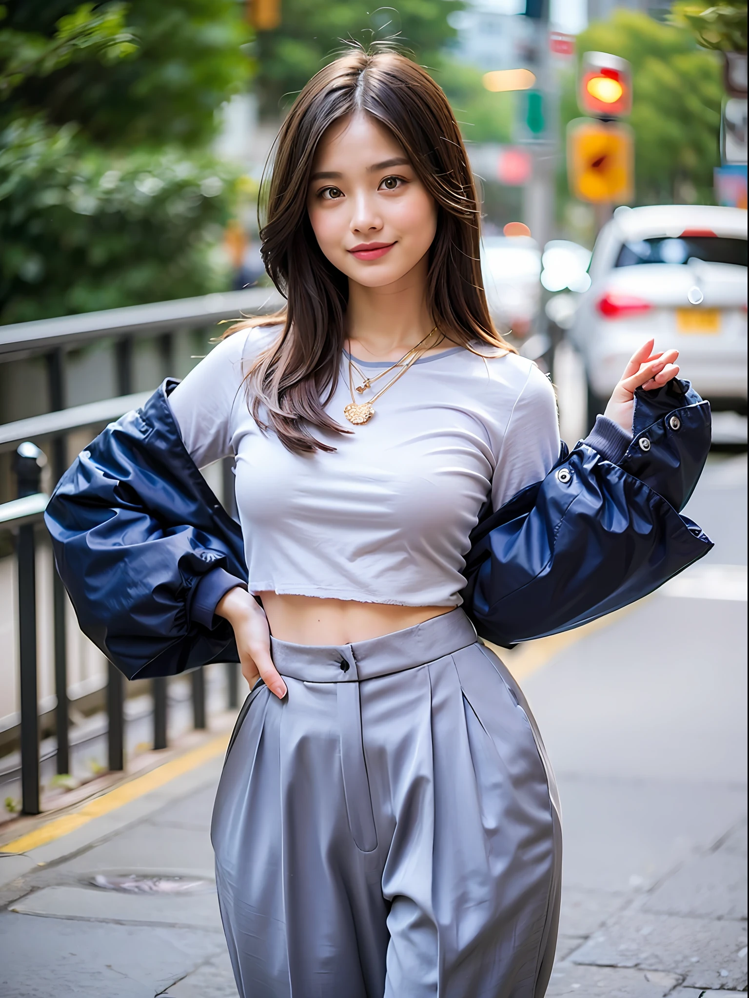 18 year old girl with perfect face and big, café, hands in cat pose, cute clothes, slim and slender physique. The skin has detailed and highly detailed eyes (1.1 emphasis), very detailed skin texture (1.1 emphasis). slender necklace, model photo style, photorealistic, skin texture is real human skin texture, detailed skin pores, complex details, eyes are very detailed, dark blue ruffled sleeve polka dot jacket, gray mermaid pants, street, smile
