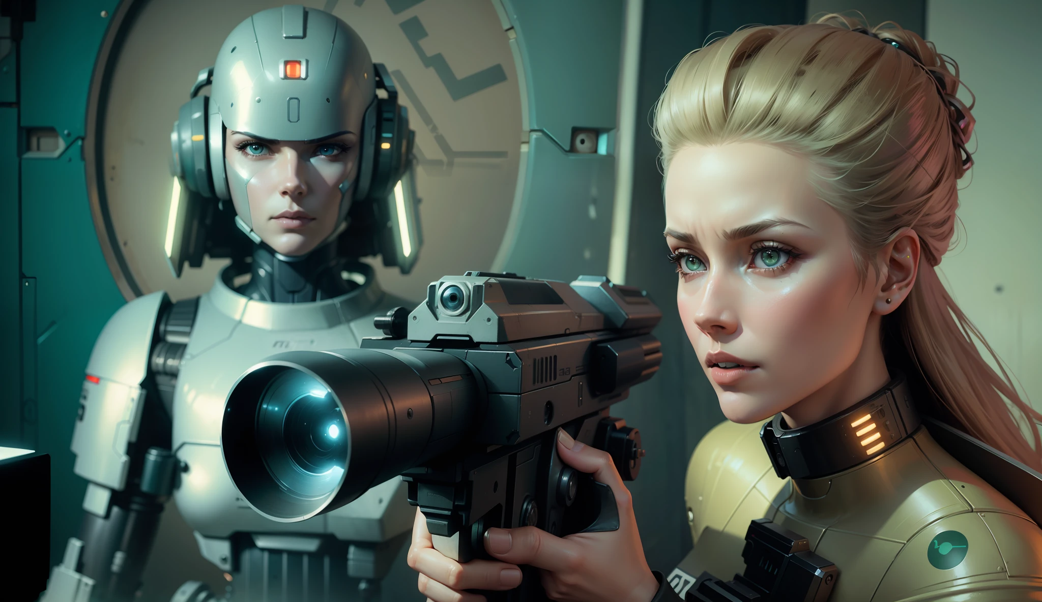 a woman holding a gun in front of a robot, a photorealistic painting by Keith Parkinson, cgsociety, retrofuturism, reimagined by industrial light and magic, toonami, behance hd