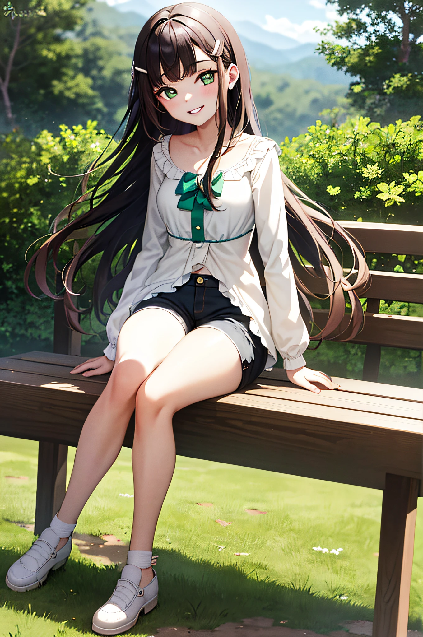 masterpiece, Best Quality, 1girl, Long hair, Middle breasts,Shorts, Blouse, Green eyes, Hair ornament, Hair clip, Parted lips, Smile,Park