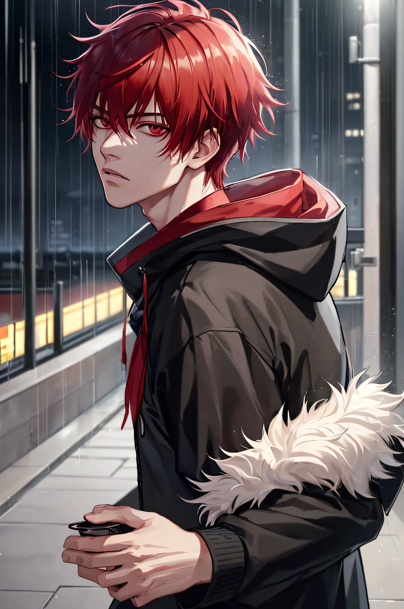 kk, best quality, more details, mastery, 1boy, kaneki ken, portrait, male focus, red eyes, solo, bangs, looking at viewer, hood, short hair, rain, tokyo tokyo \(city\), bandana, nail polishing, red hair, luxury, 8k, details, ray tracing, depth of field, cinema lighting,