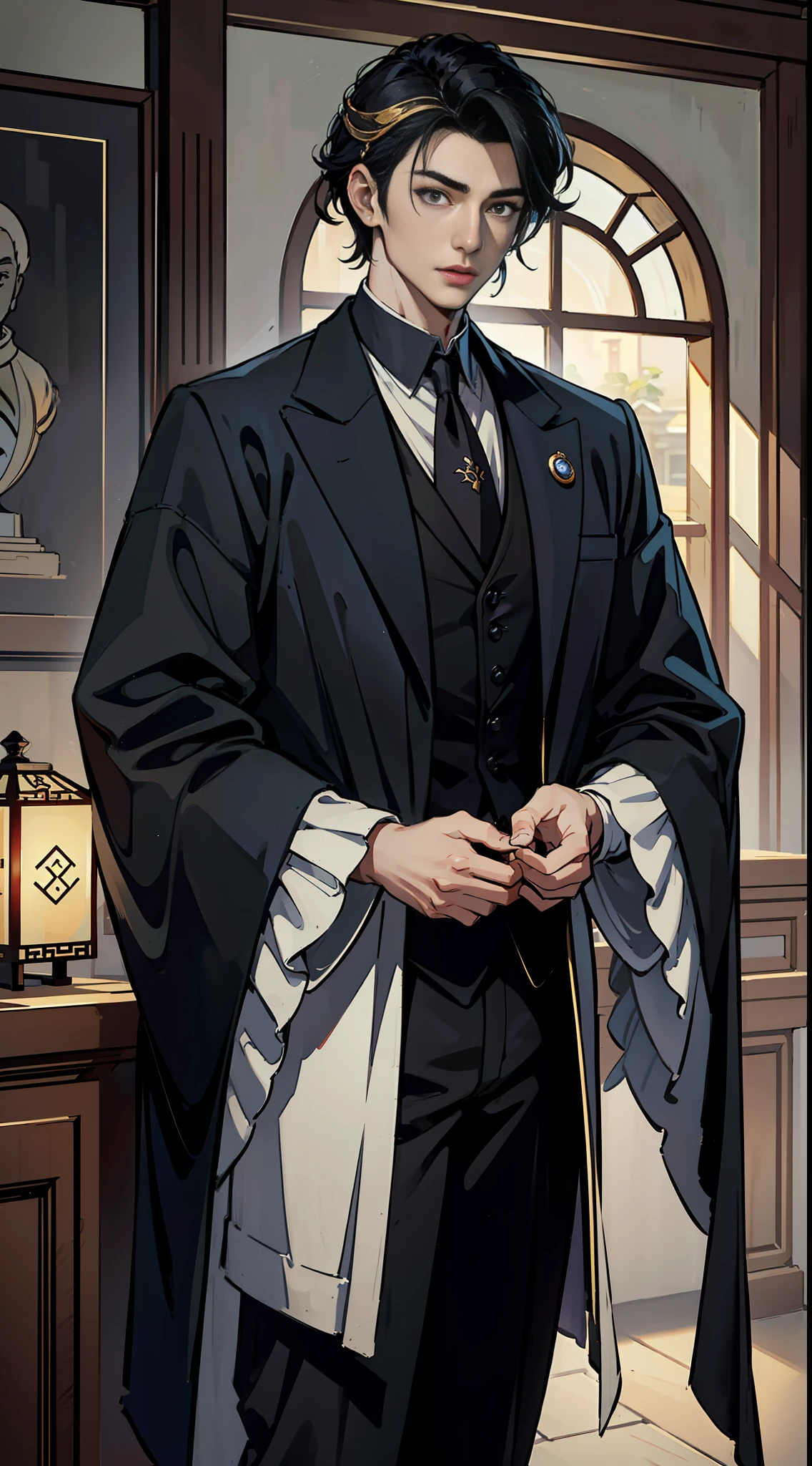 ,((Best Quality))),8k,((Masterpiece)),(Extremely refined and beautiful),Realistic, Shaping the image of a 20-year-old boy, Wu Zun, Chinese, handsome, with silver bright eyes, he is a wizard, starting from Narix, , dressed in black party clothes, behind him, rising in the night, owning a Victorian stone mansion.