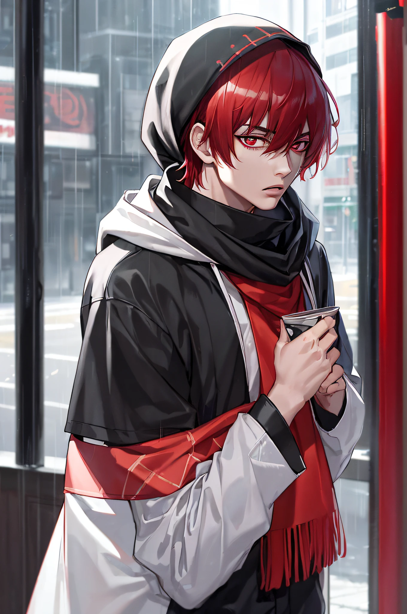 kk, best quality, more details, mastery, 1boy, kaneki ken, portrait, male focus, red eyes, solo, bangs, looking at viewer, hood, short hair, rain, tokyo tokyo \(city\), bandana, nail polishing, red hair, luxury, 8k, details, ray tracing, depth of field, cinema lighting,
