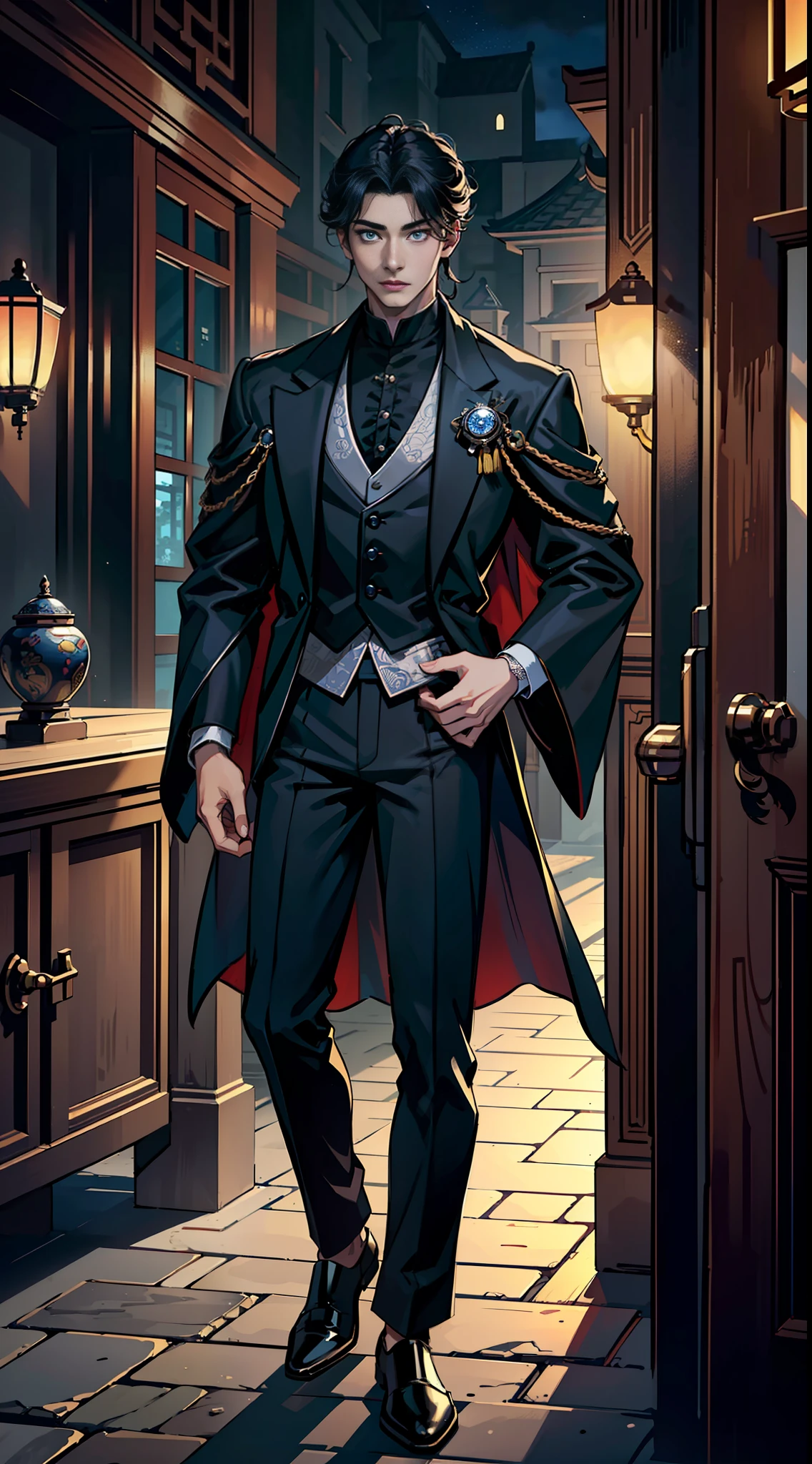 ,((Best Quality))),8k,((Masterpiece)),(Extremely refined and beautiful),Realistic, Shaping the image of a 20-year-old boy, Wu Zun, Chinese, handsome, with silver bright eyes, he is a wizard, starting from Narix, , dressed in black party clothes, behind him, rising in the night, owning a Victorian stone mansion.