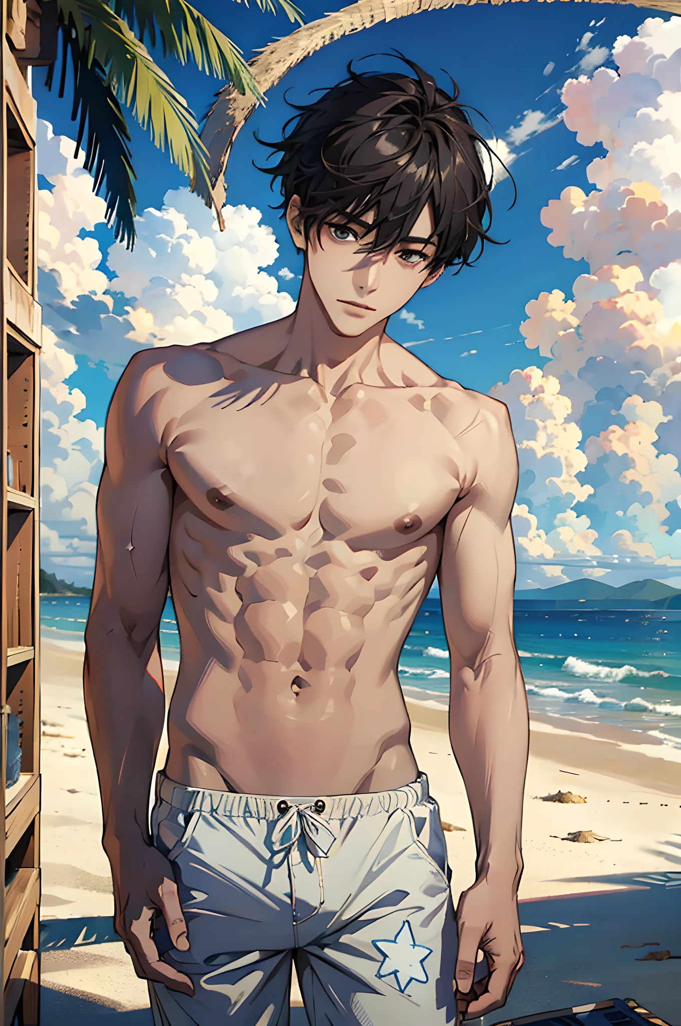 (absurdres, highres, ultra detailed), masterpiece, best quality, a boy topless, beach, casual clothes, sunny sky and cloud,