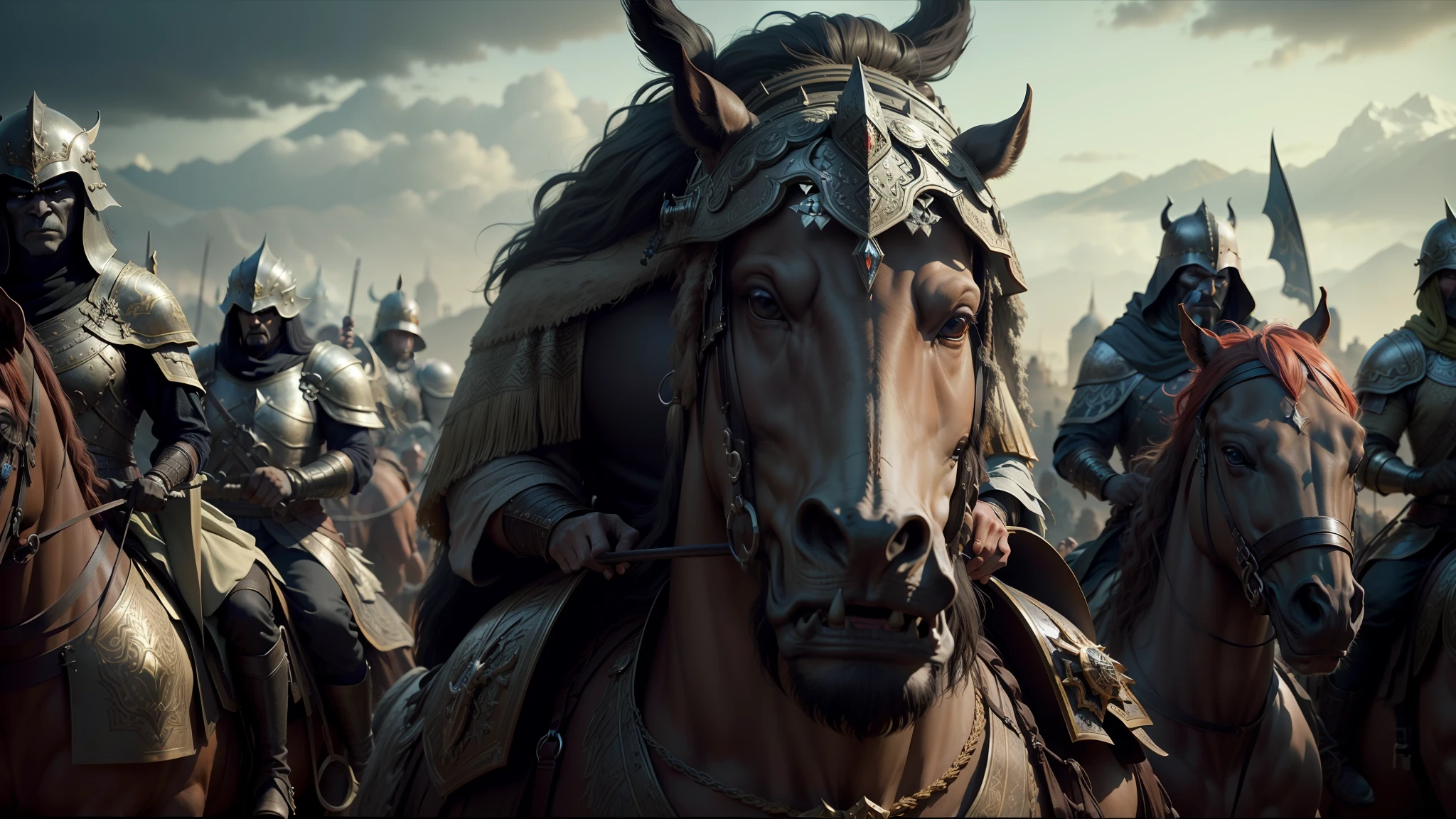 there are many people riding horses with helmets on, vfx film closeup, beautiful render of a fairytale, arabic orc, inspired by Kazimierz Wojniakowski, shot on anamorphic lenses, riot entertainment, morgoth, zhang yimou, heavy metal band promo, 3 dmax, nomadic