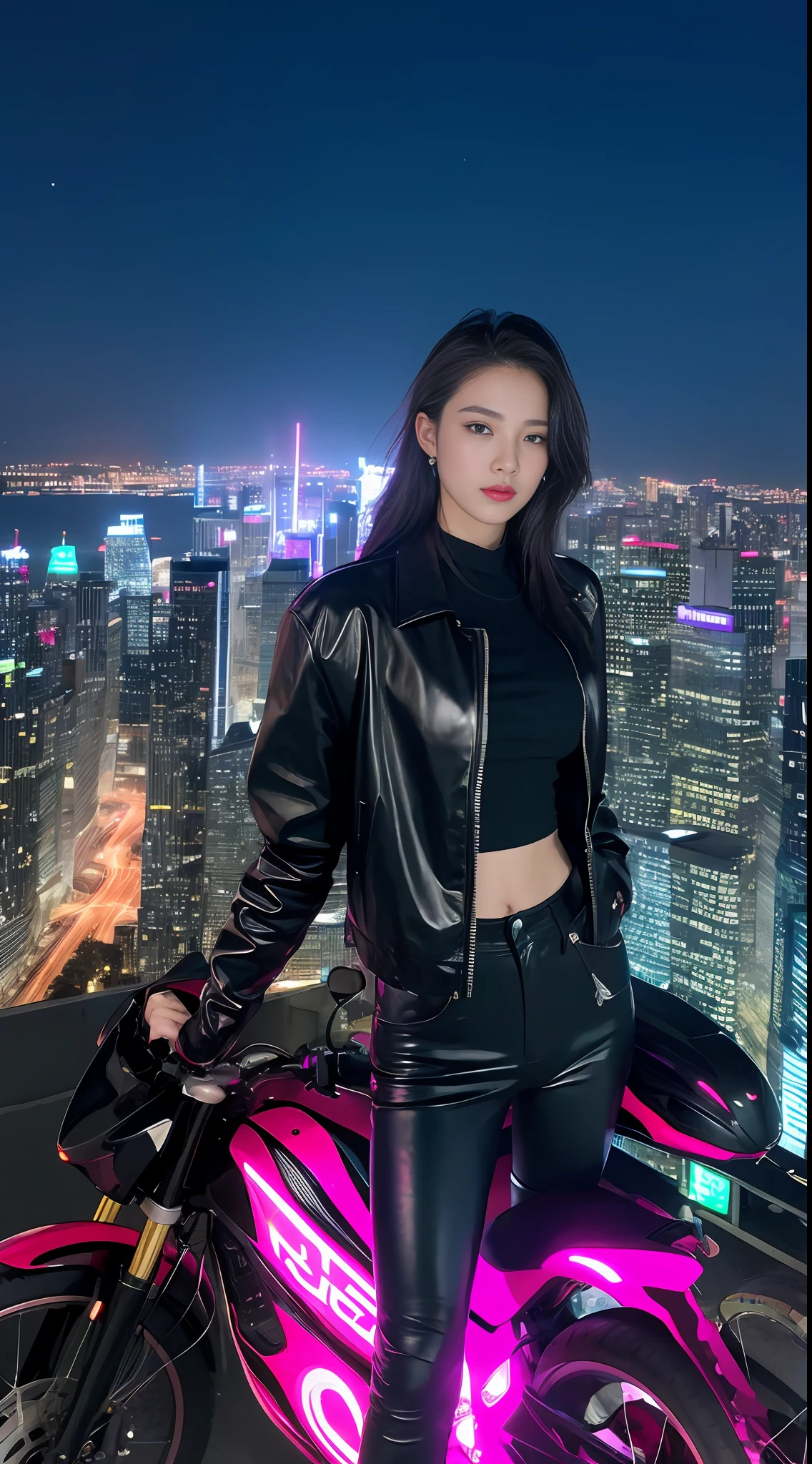 ,((Best Quality))),8k,((Masterpiece)),(Extremely Delicate and Beautiful),Realistic, Absurd, High Resolution, Ultra-detailed),1 male, adult, handsome, tall muscular man, broad shoulders, delicate eyes, motorcycle, neon hair, holographic, black jacket, intense running, speed, night city, neon signs, skyscrapers, from directly above, cyan, magenta, (holland horn), shut up