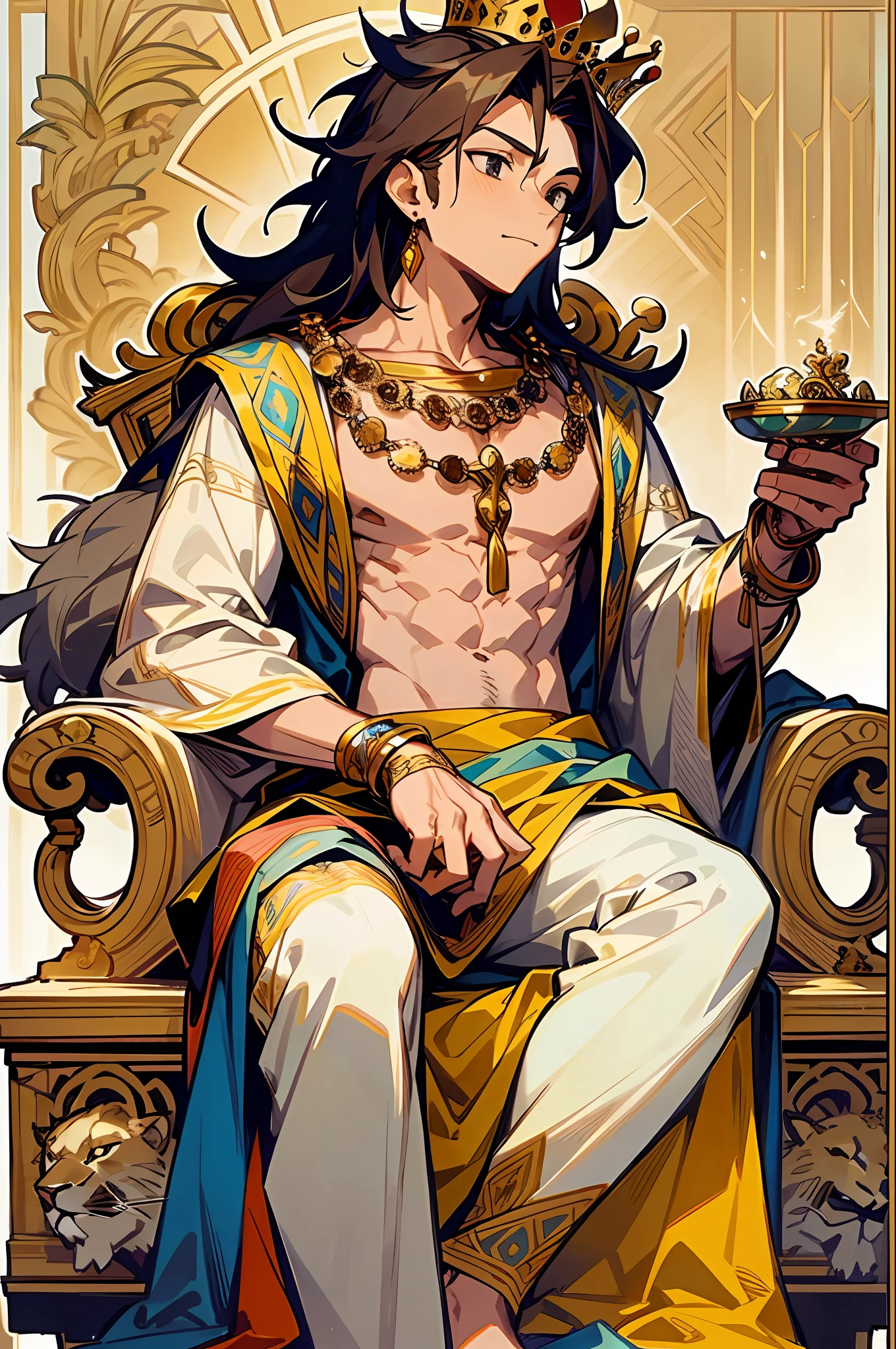 Young man with a crown on his head, with the air of a king, sits on a throne with a lion lying at his feet, ornate ornaments, pectoral muscles