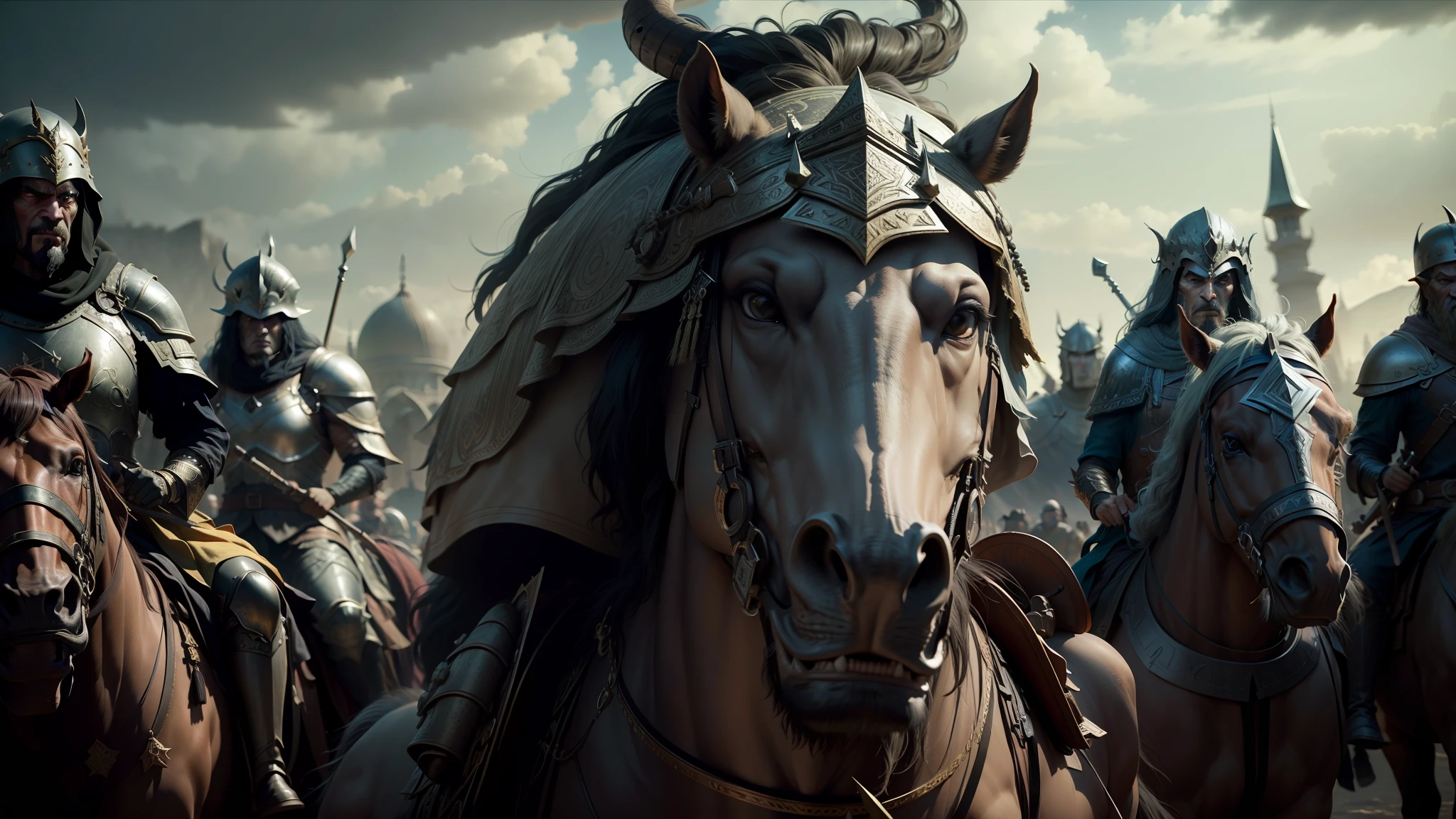 there are many people riding horses with helmets on, vfx film closeup, beautiful render of a fairytale, arabic orc, inspired by Kazimierz Wojniakowski, shot on anamorphic lenses, riot entertainment, morgoth, zhang yimou, heavy metal band promo, 3 dmax, nomadic