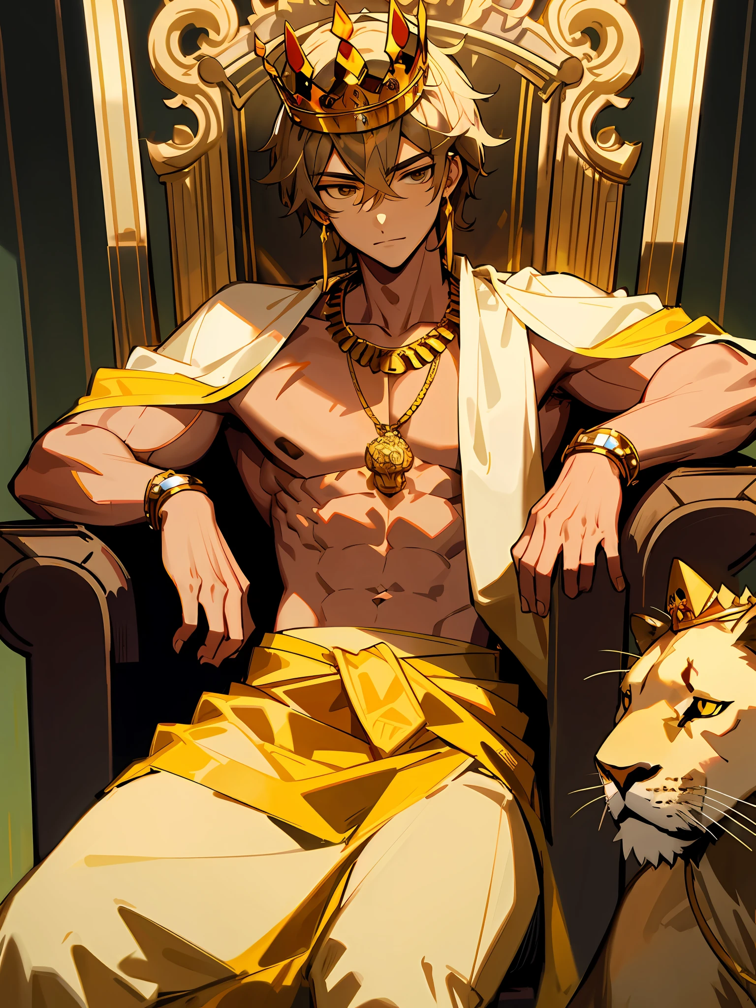 Young man with a crown on his head, with the air of a king, sits on a throne with a lion lying at his feet, ornate ornaments, pectoral muscles