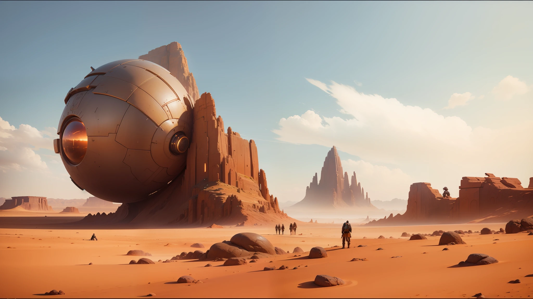there is a man standing in the desert with a giant object, artgerm julie bell beeple, tooth wu : : quixel megascans, in an arena in movie dune-2021, giant head statue ruins, photo of shiprock, concept art 8 k, cybernetic head, screenshot from the game, the witness