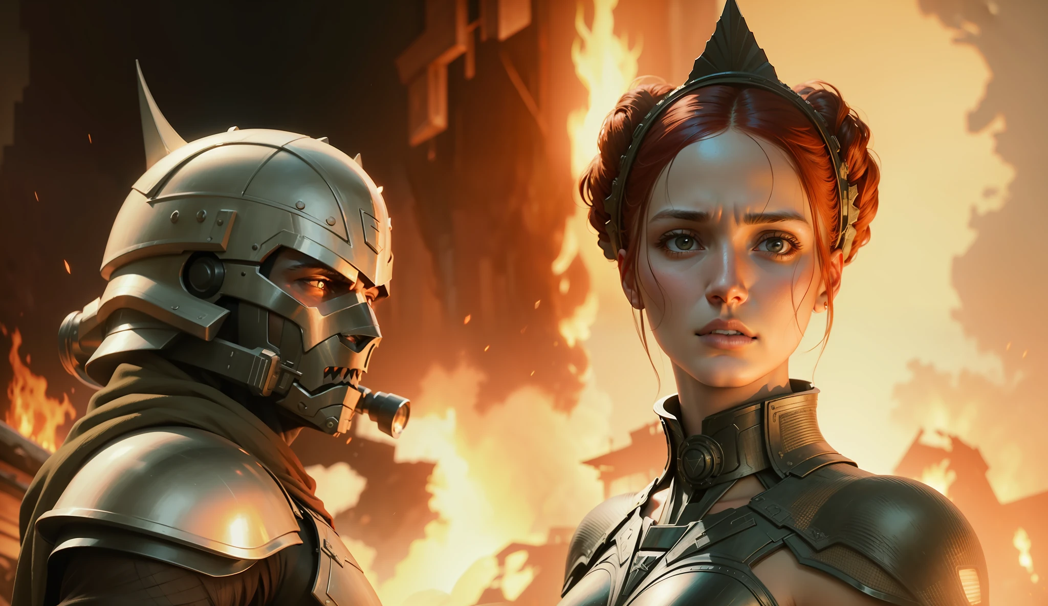 a man and a woman standing next to each other in front of a fire, a renaissance painting by Zack Snyder, cgsociety, antipodeans, reimagined by industrial light and magic, #vfxfriday, apocalypse art