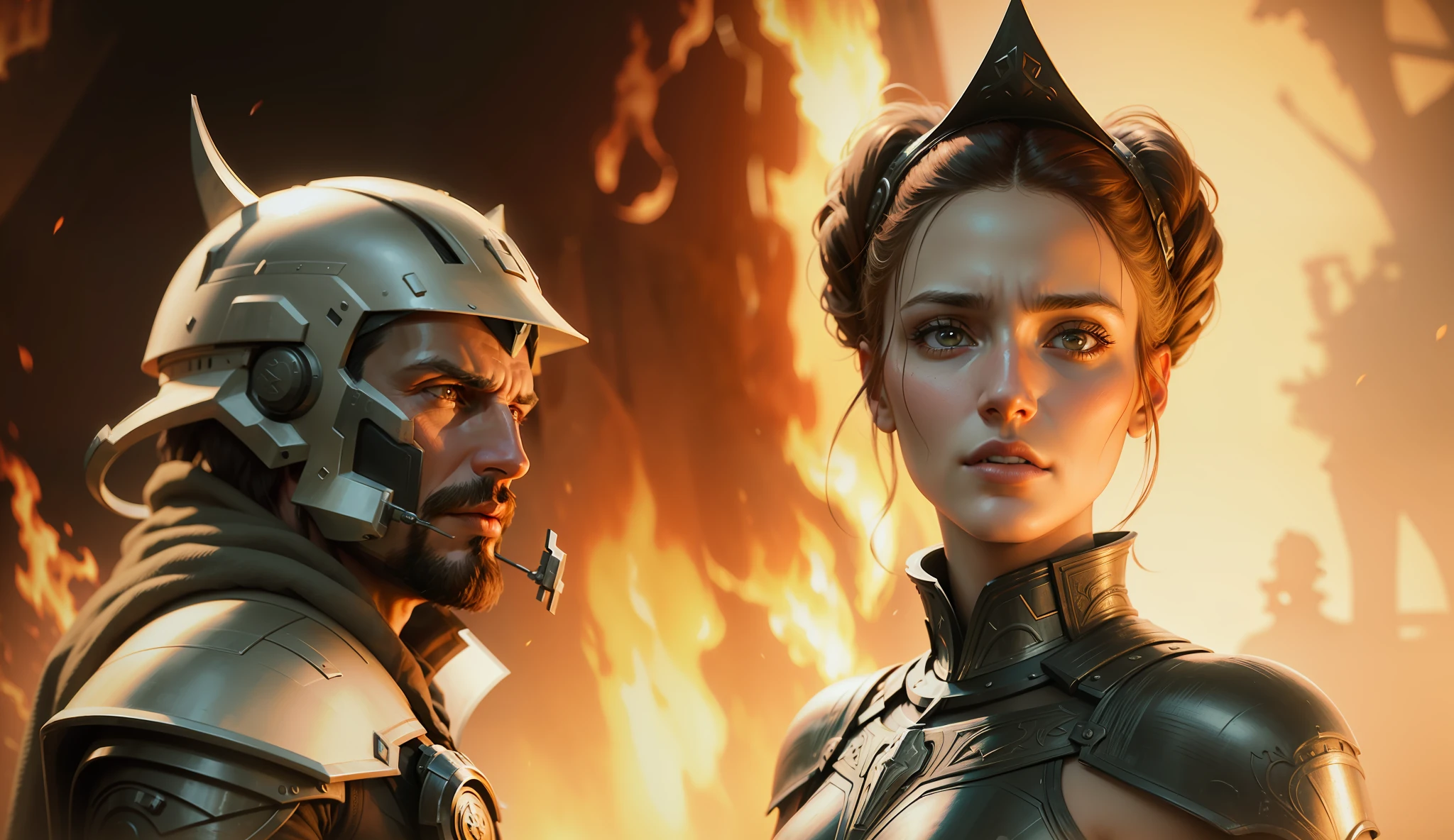 a man and a woman standing next to each other in front of a fire, a renaissance painting by Zack Snyder, cgsociety, antipodeans, reimagined by industrial light and magic, #vfxfriday, apocalypse art
