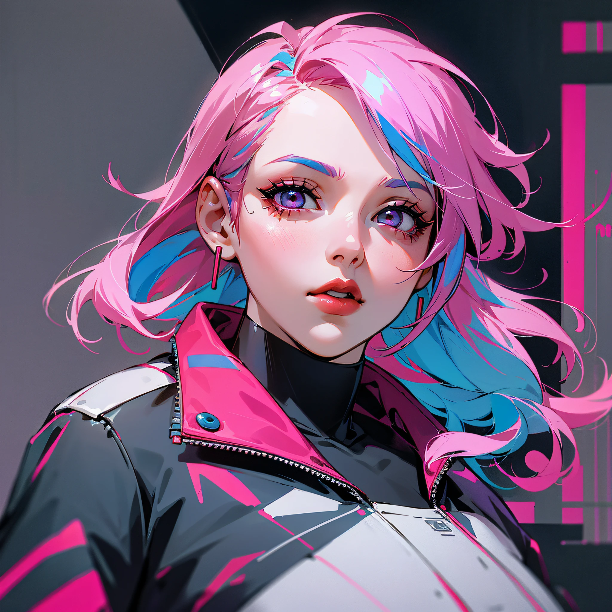 1 girl, bangs, blue hair, color tips, close up, from side, gray eyes, jacket, long sleeves, looking at the audience, medium hair, moon, multicolored hair, parted bangs, parted lips, pink hair, portrait, red eyeliner, red lips, solo, white jacket with background sky, cyberpunk (series), cyberpunk edge walker --auto --s2