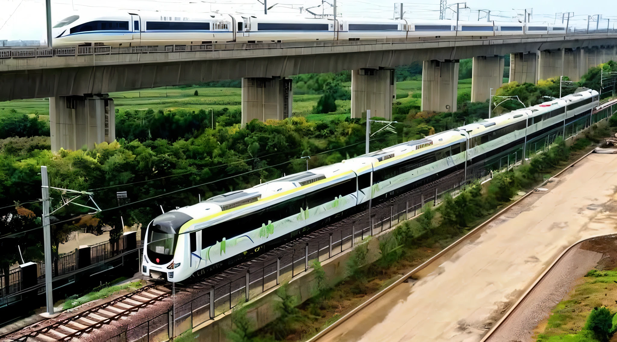 arafly long train on a track near a bridge and a field, metro, mrt, jr sc maglev, beijing, trending photo, trams, stunningly beautiful, photo shot, easy, photos, transparent background, ap, stunningly detailed, train, on its own, fast, 2 0 2 2 photo, hangzhou, ultra-realistic, ultra - realistic
