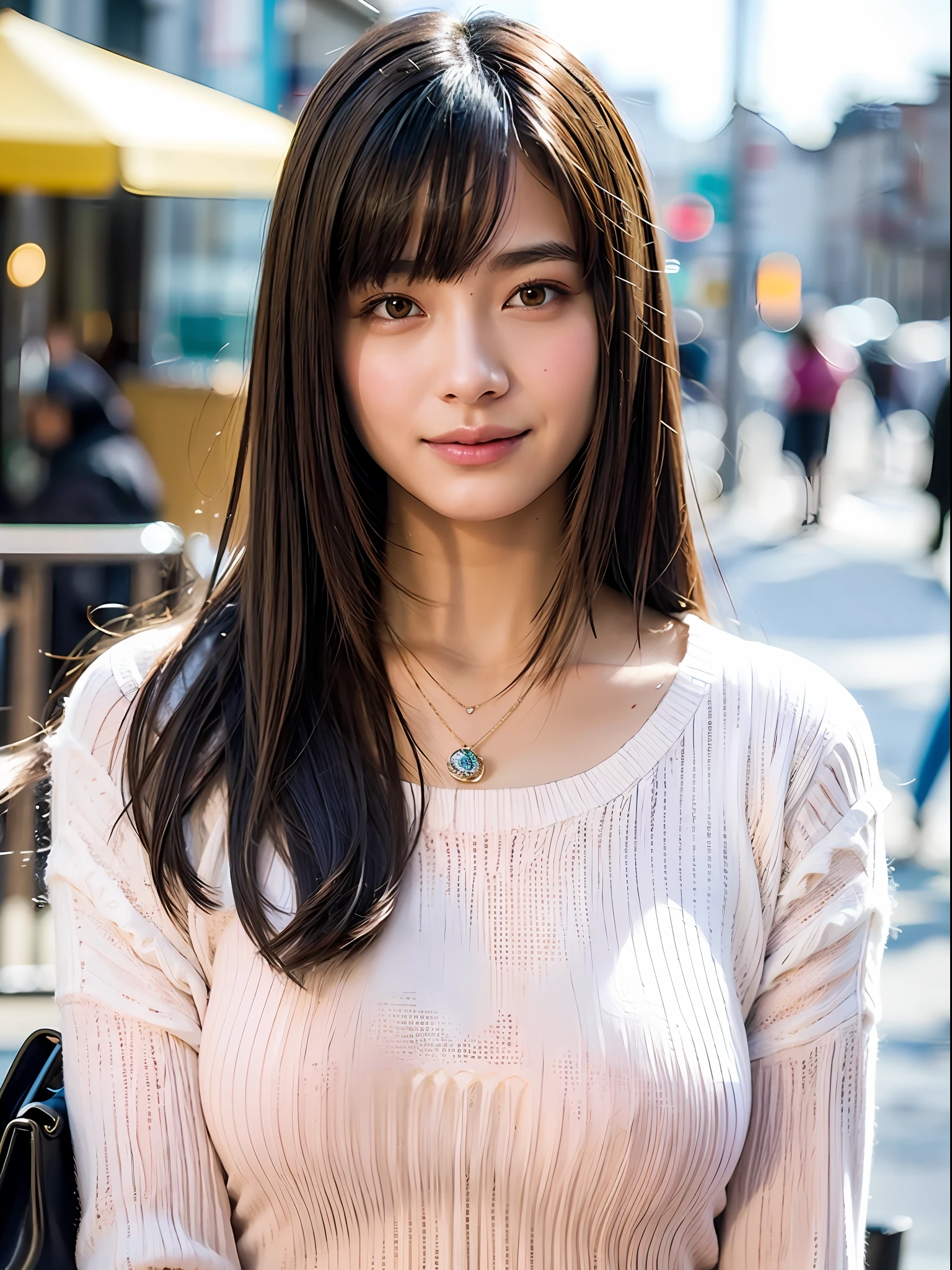 18 year old girl with perfect face and , café, salute, cute clothes, slim and slender physique. The skin has detailed and highly detailed eyes (1.1 emphasis), very detailed skin texture (1.1 emphasis). slender necklace, model photo style, photorealistic, skin texture is real human skin texture, detailed skin pores, intricate details, eyes are very detailed, pink turtleneck, light pink pants, brown bag, street, smile