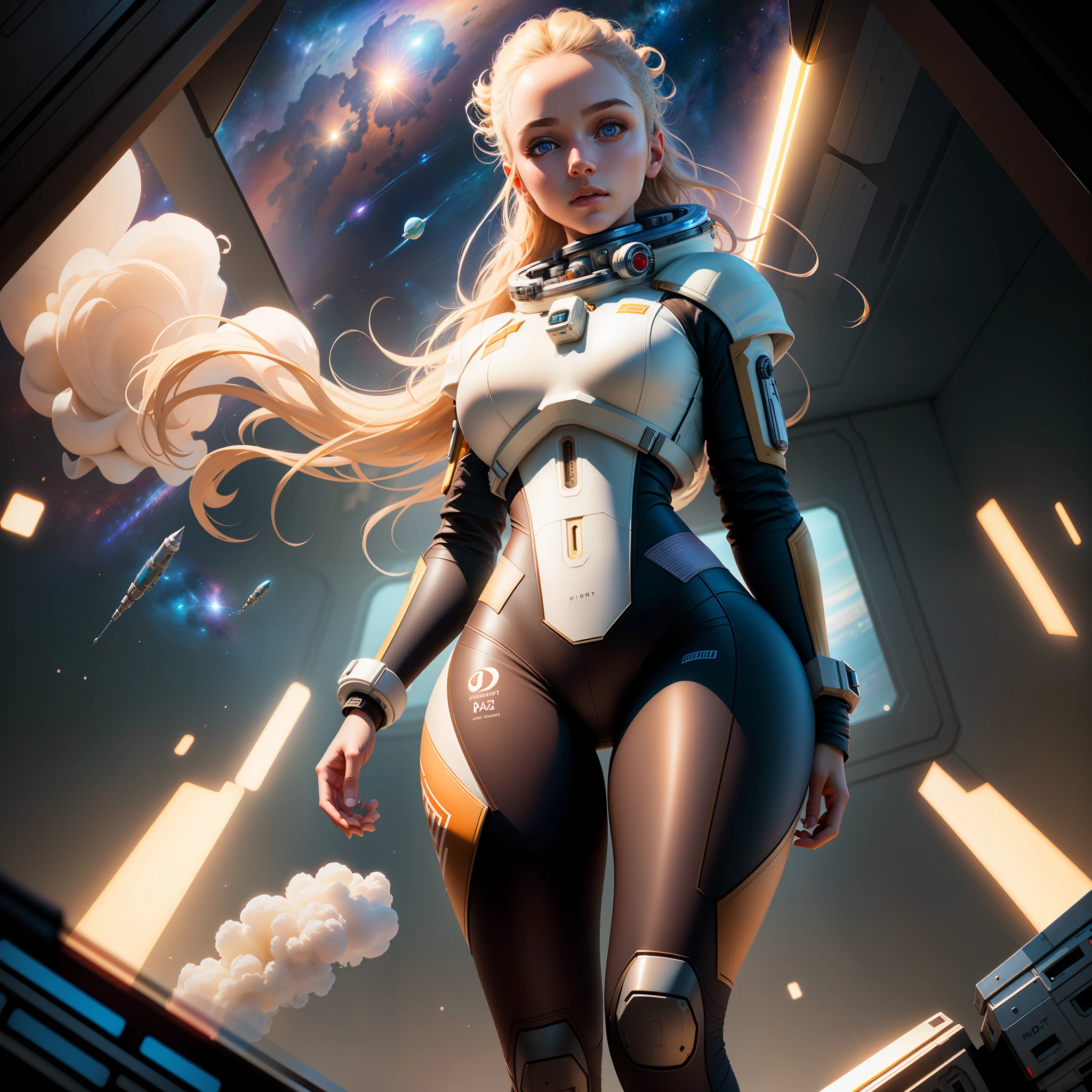 Highly detailed RAW color Photo, beautiful young girl in full head to toe space suit, (wide hips), (detailed skin), (detailed lips), (detailed eyes), (space:1.4), smoke, (space setting) (detailed face), blonde, (curvy), detailed eyes, chromatic aberration, depth of field, soft lighting, masterpiece, best quality, intricate, (bloom:0.7), (from below:1.4), low angle, particle effects, raytracing, tone mapped, highly detailed, concept art, smooth, sharp focus, dramatic lighting, highly detailed artwork, cinematic, hyper realistic painting, trending on Artstation, 8K, incredible shadows, realistic, (highly detailed background:1.2), art by midjourney