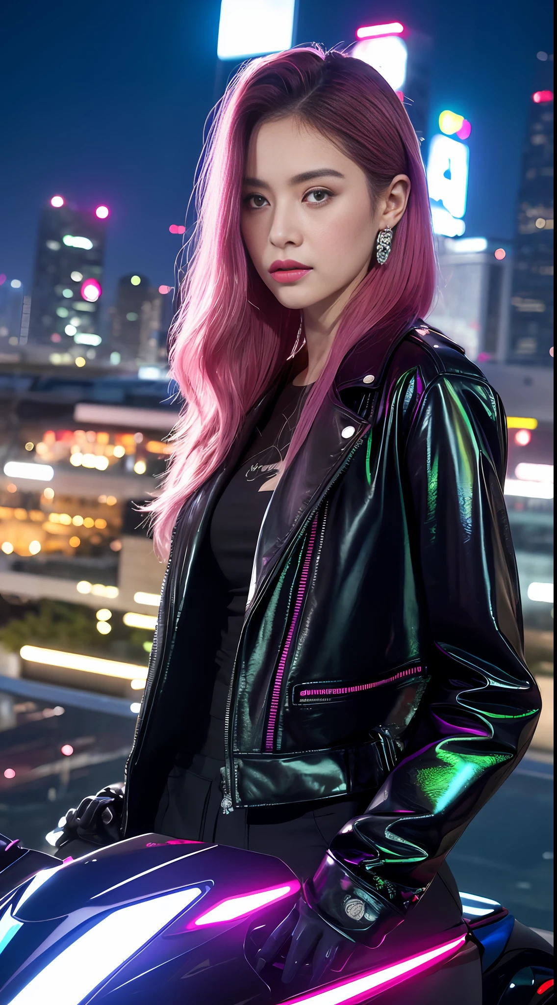 ,((Best Quality))),8k,((Masterpiece)),(Extremely Delicate and Beautiful),Realistic, Absurd, High Resolution, Ultra-detailed),1 male, adult, handsome, tall muscular man, broad shoulders, delicate eyes, motorcycle, neon hair, holographic, black jacket, intense running, speed, night city, neon signs, skyscrapers, from directly above, cyan, magenta, (holland horn), shut up