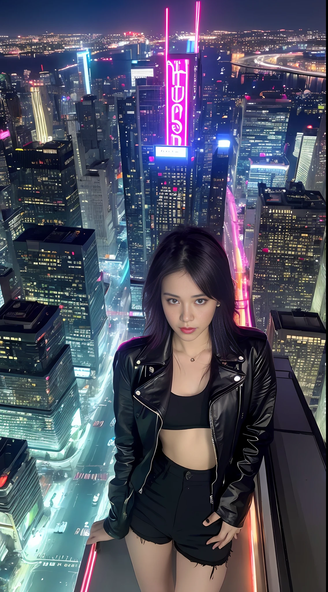 ,((Best Quality))),8k,((Masterpiece)),(Extremely Delicate and Beautiful),Realistic, Absurd, High Resolution, Ultra-detailed),1 male, adult, handsome, tall muscular man, broad shoulders, delicate eyes, motorcycle, neon hair, holographic, black jacket, intense running, speed, night city, neon signs, skyscrapers, from directly above, cyan, magenta, (holland horn), shut up