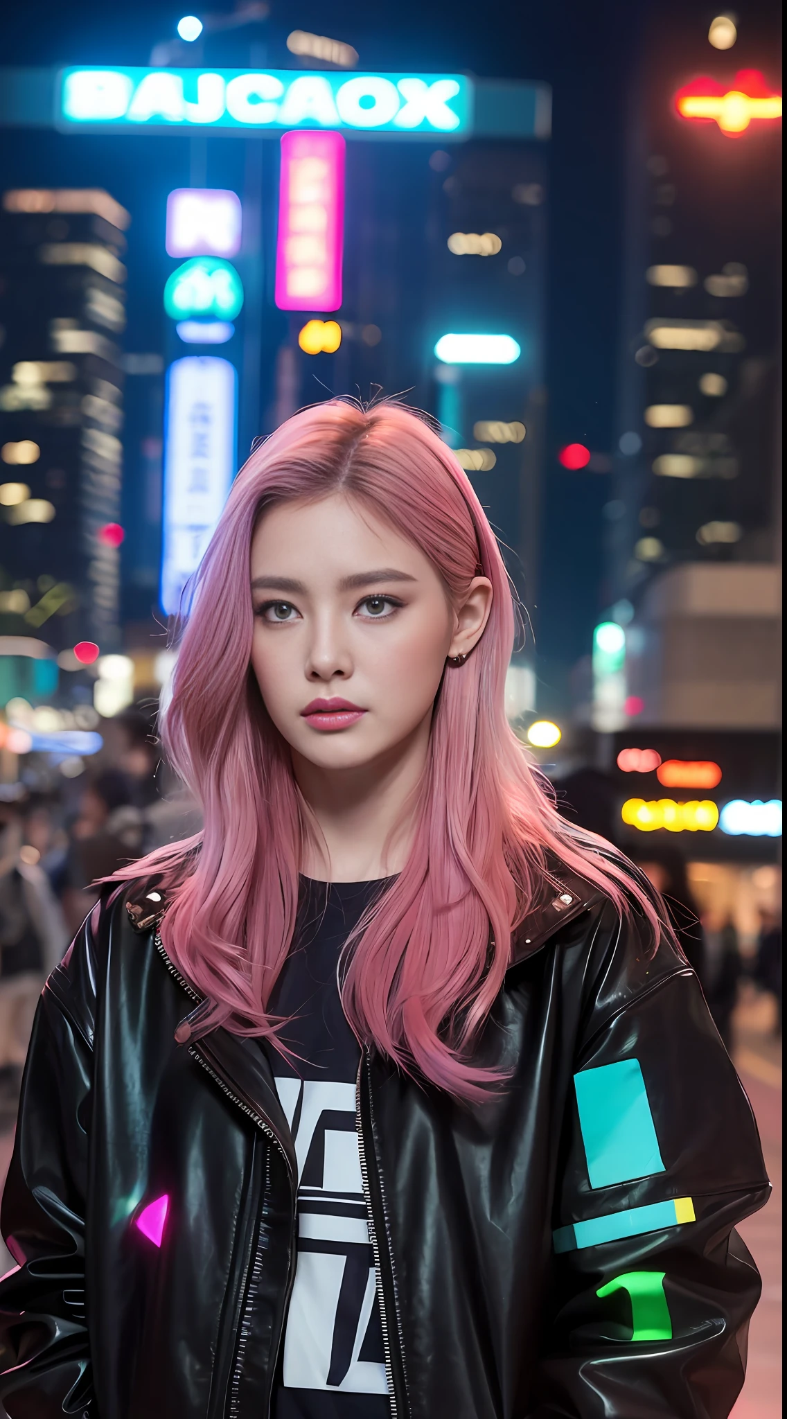 ,((Best Quality))),8k,((Masterpiece)),(Extremely Delicate and Beautiful),Realistic, Absurd, High Resolution, Ultra-detailed),1 male, adult, handsome, tall muscular man, broad shoulders, delicate eyes, motorcycle, neon hair, holographic, black jacket, intense running, speed, night city, neon signs, skyscrapers, from directly above, cyan, magenta, (holland horn), shut up