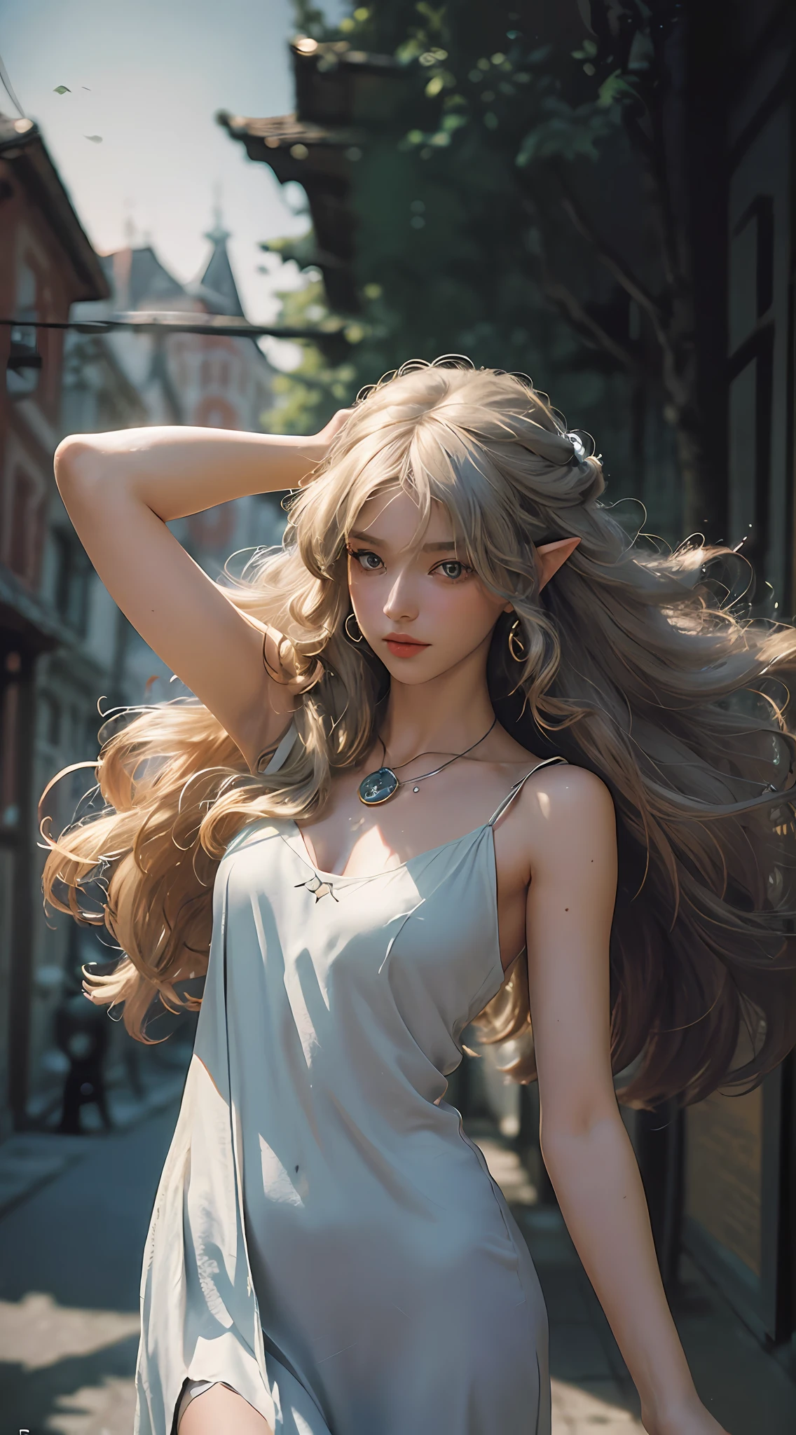 (((vintage photograph by Ernst Haas))) depicting a caucasian blonde with curly hair, long white sleeveless silk robes, (((dynamic movement))), pointy elf ears, native necklaces, and silver bracelets, Perfect Body Beauty: 1.4, ((Long Hair)), street at night background, Highly detailed face and skin texture, Detailed eyes, Double eyelids, (((((photo by Ernst Haas))))), vintage, retro, chiaroscuro, (((((((grainy film))))))), noisy film, (((( vivid colors))))