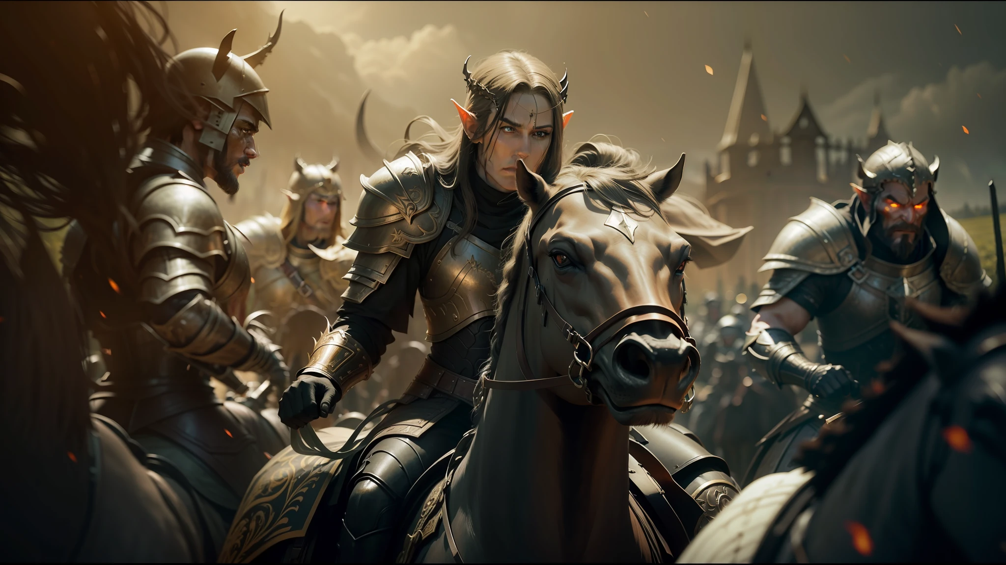 a close up of a group of people riding horses in a field, elden ring cinematic lighting, black shirt underneath armor, horde3d, he has eyes of fire, keyframe, videogame still, elves, metallic armor