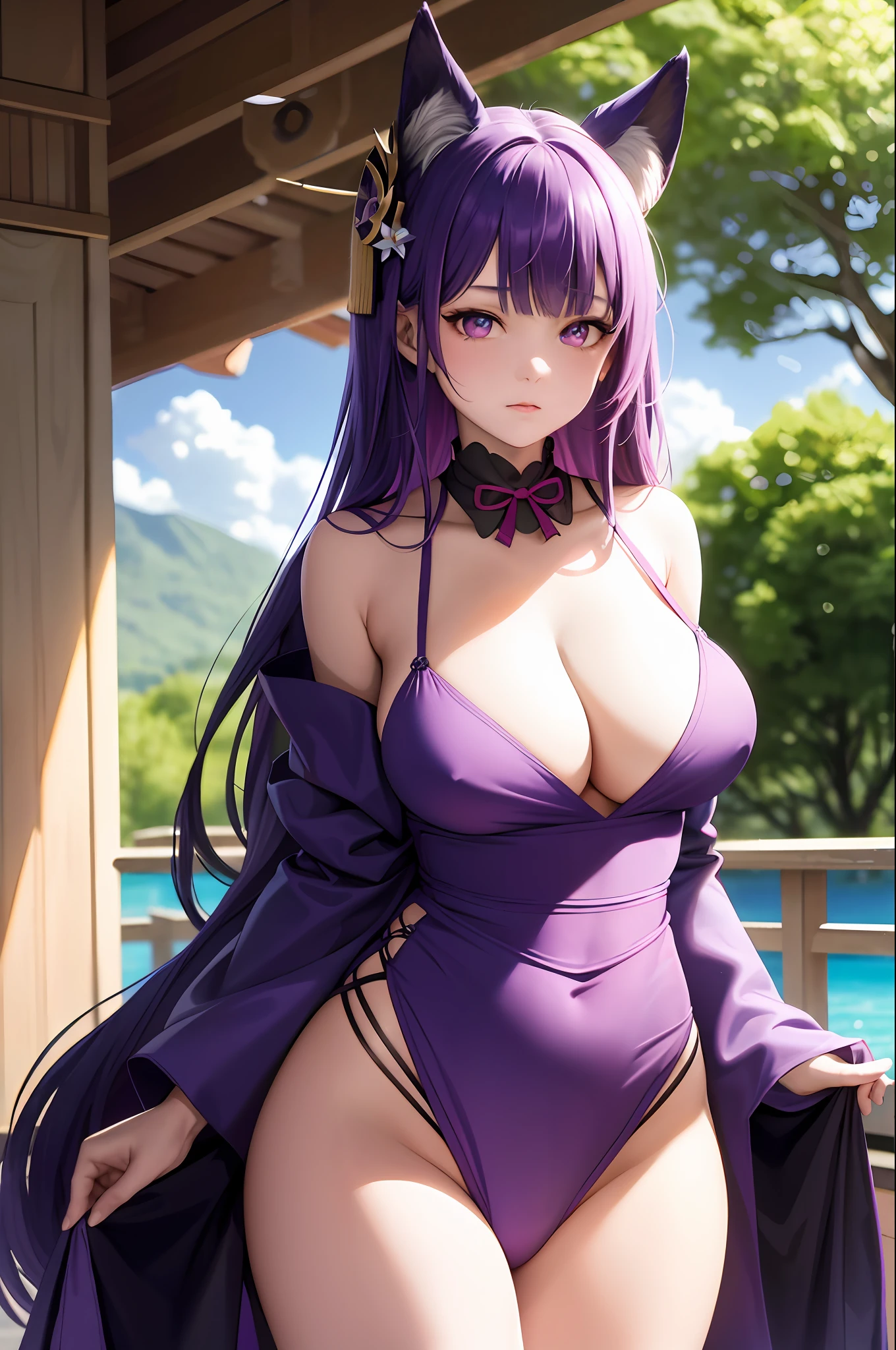 Masterpiece, Best Quality, Multiple Girls, ????, 2Girls, Yae Witch, Raiden Shogun, Purple Eyes, Pink Hair, Japanese Costume, Purple Hair, ???????????, Long Hair, Cleavage, Hair Accessories, Thighs, Purple Kimono, Stockings, Bangs, Animal Ears, Sleeve Removal, Fox Ears, Wide Sleeves, Kimono, Moon, Weapon, Braid, (KBXLL: 0.8), Sailor Suit