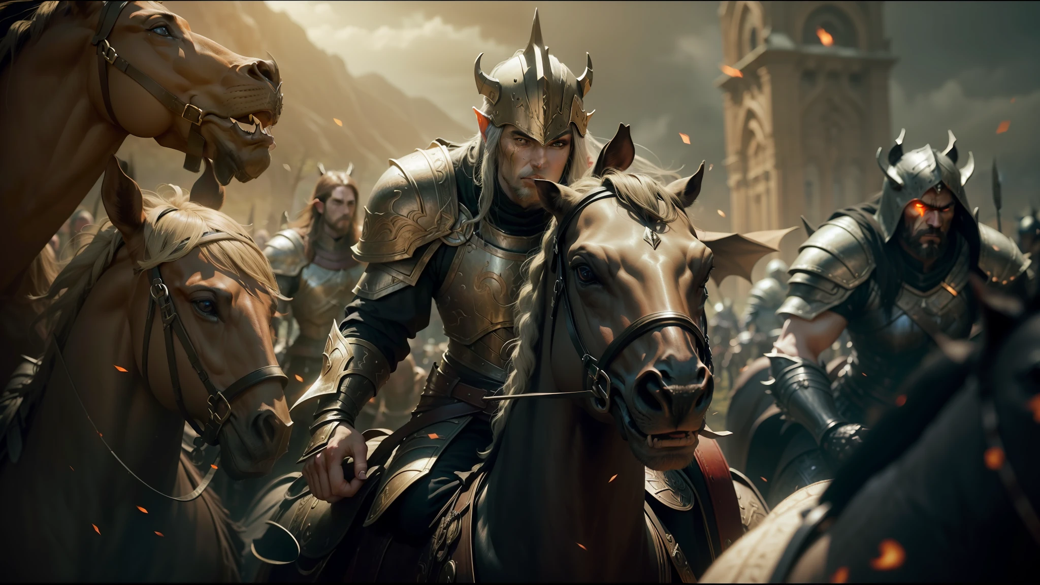 a close up of a group of people riding horses in a field, elden ring cinematic lighting, black shirt underneath armor, horde3d, he has eyes of fire, keyframe, videogame still, elves, metallic armor