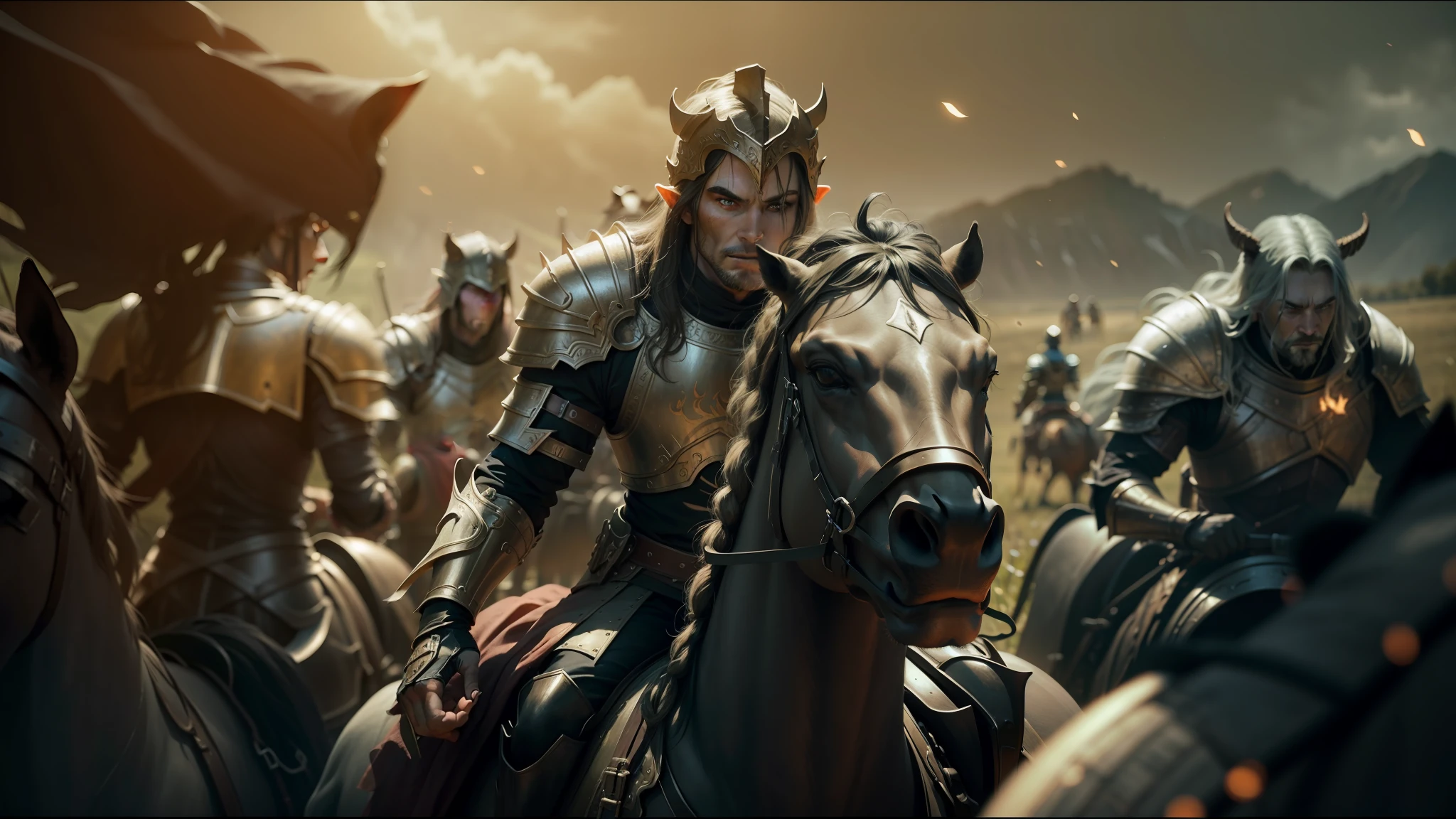 a close up of a group of people riding horses in a field, elden ring cinematic lighting, black shirt underneath armor, horde3d, he has eyes of fire, keyframe, videogame still, elves, metallic armor