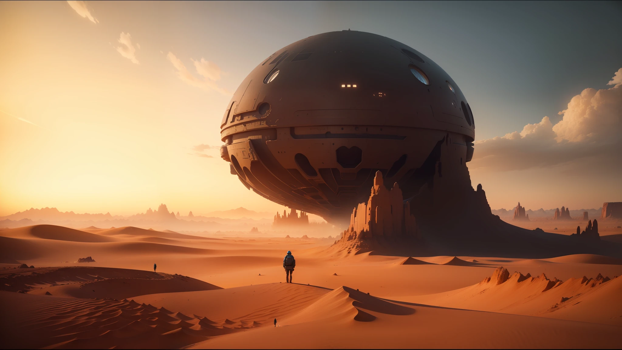 arafed desert scene with a person standing in the foreground, beeple and mike winkelmann, by Benoit B. Mandelbrot, still from the movie the arrival, by Slava Raškaj, youtube thumbnail, ozymandias, by Pascal Blanché, cinematic still frame, scenery artwork, by Michał Karcz, design art