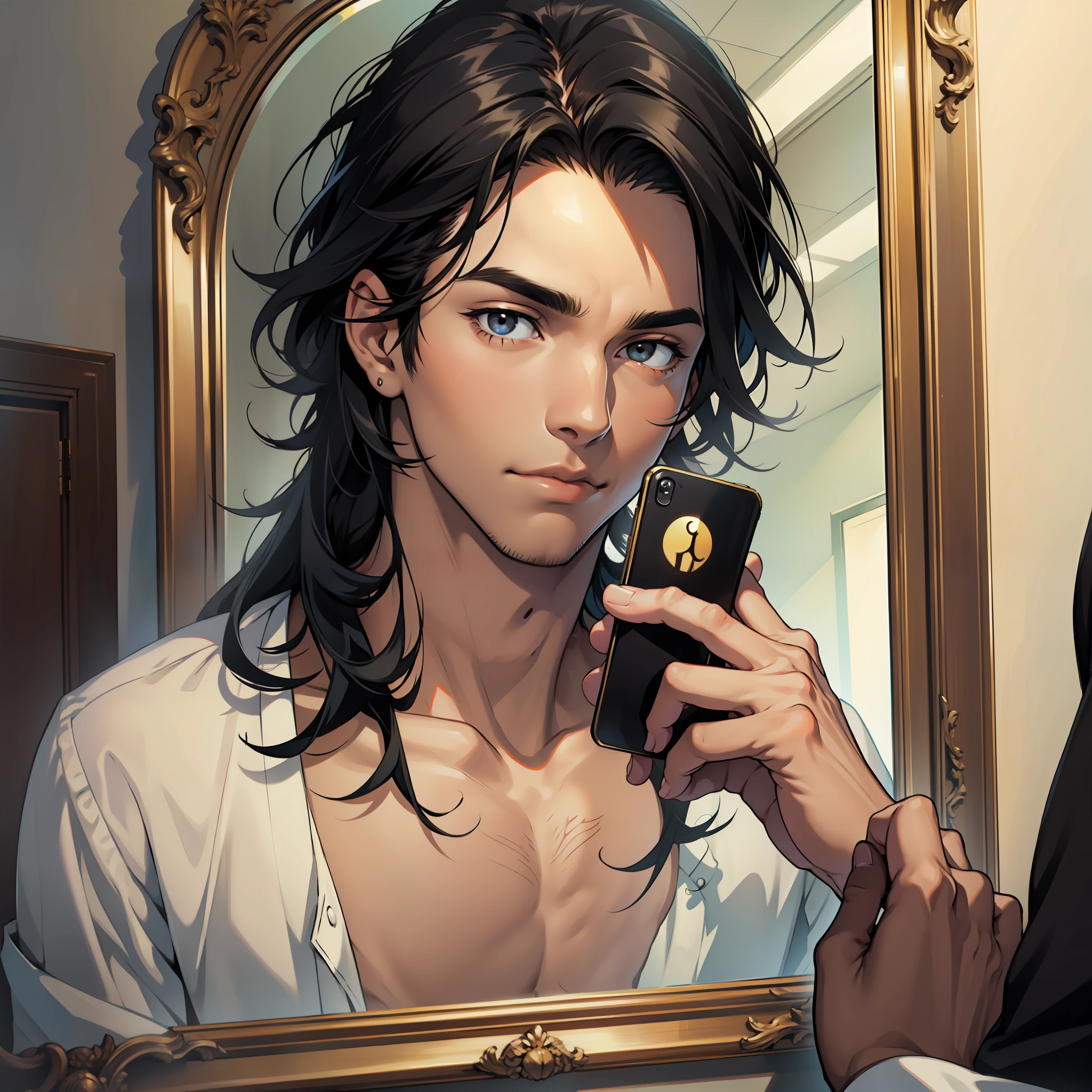 A young man with black hair, touching a mirror with his hand