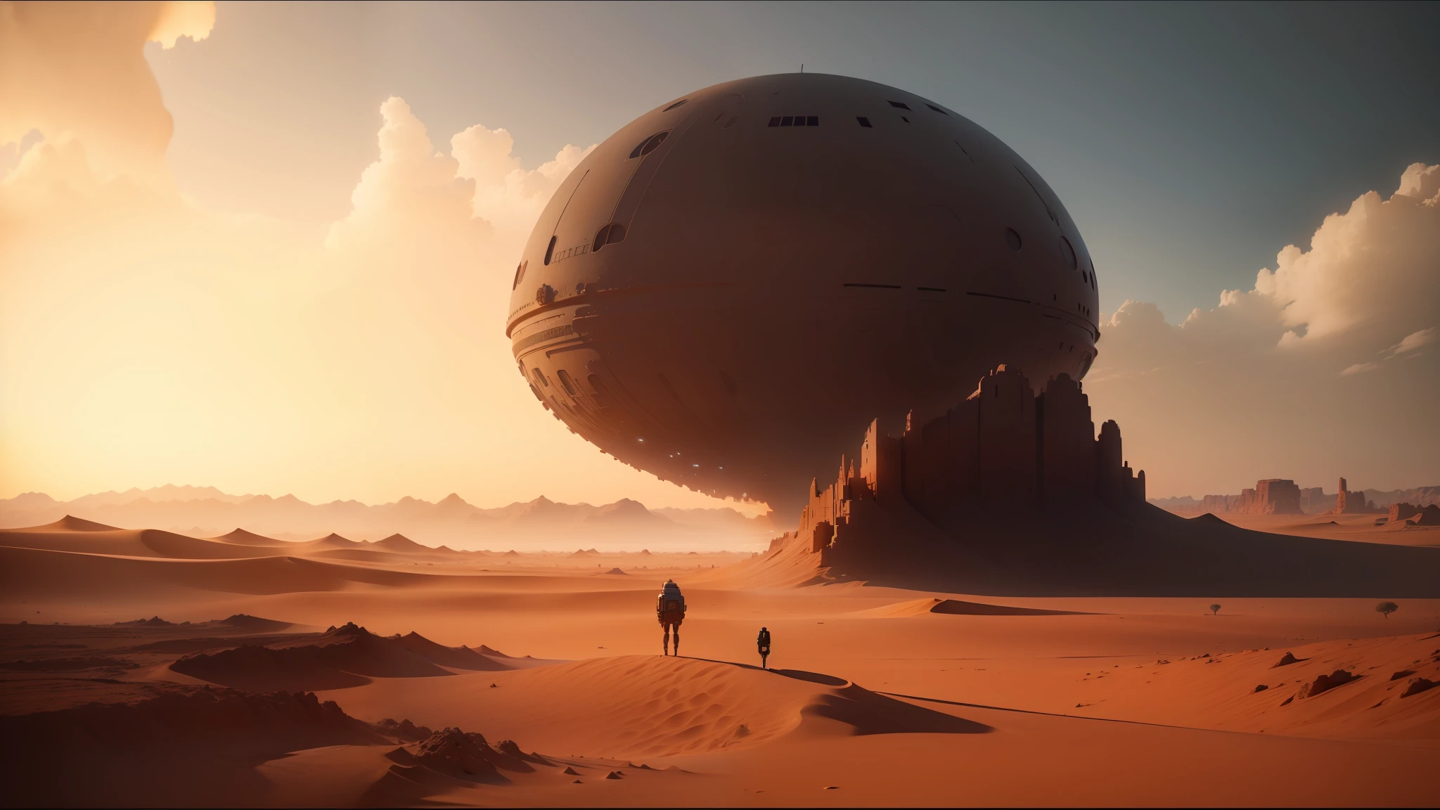 arafed desert scene with a person standing in the foreground, beeple and mike winkelmann, by Benoit B. Mandelbrot, still from the movie the arrival, by Slava Raškaj, youtube thumbnail, ozymandias, by Pascal Blanché, cinematic still frame, scenery artwork, by Michał Karcz, design art