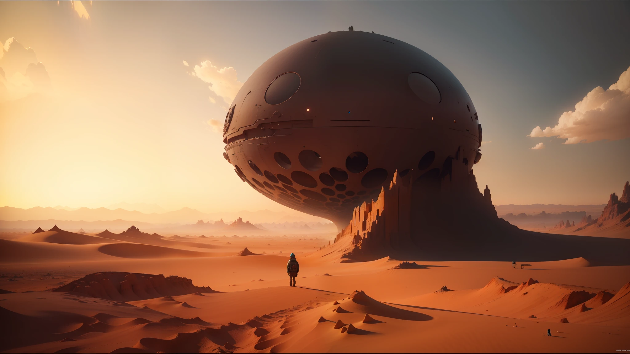 arafed desert scene with a person standing in the foreground, beeple and mike winkelmann, by Benoit B. Mandelbrot, still from the movie the arrival, by Slava Raškaj, youtube thumbnail, ozymandias, by Pascal Blanché, cinematic still frame, scenery artwork, by Michał Karcz, design art