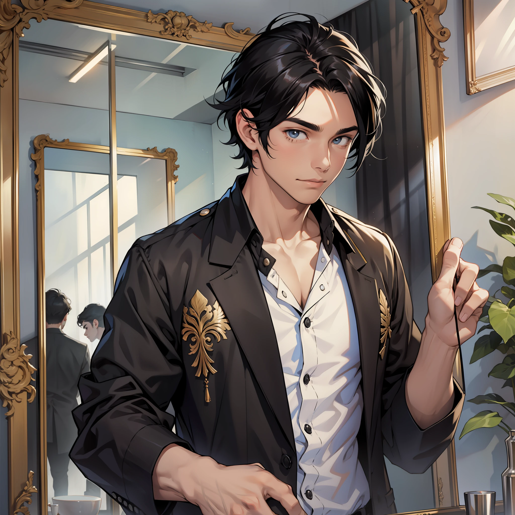 A young man with black hair, touching a mirror with his hand