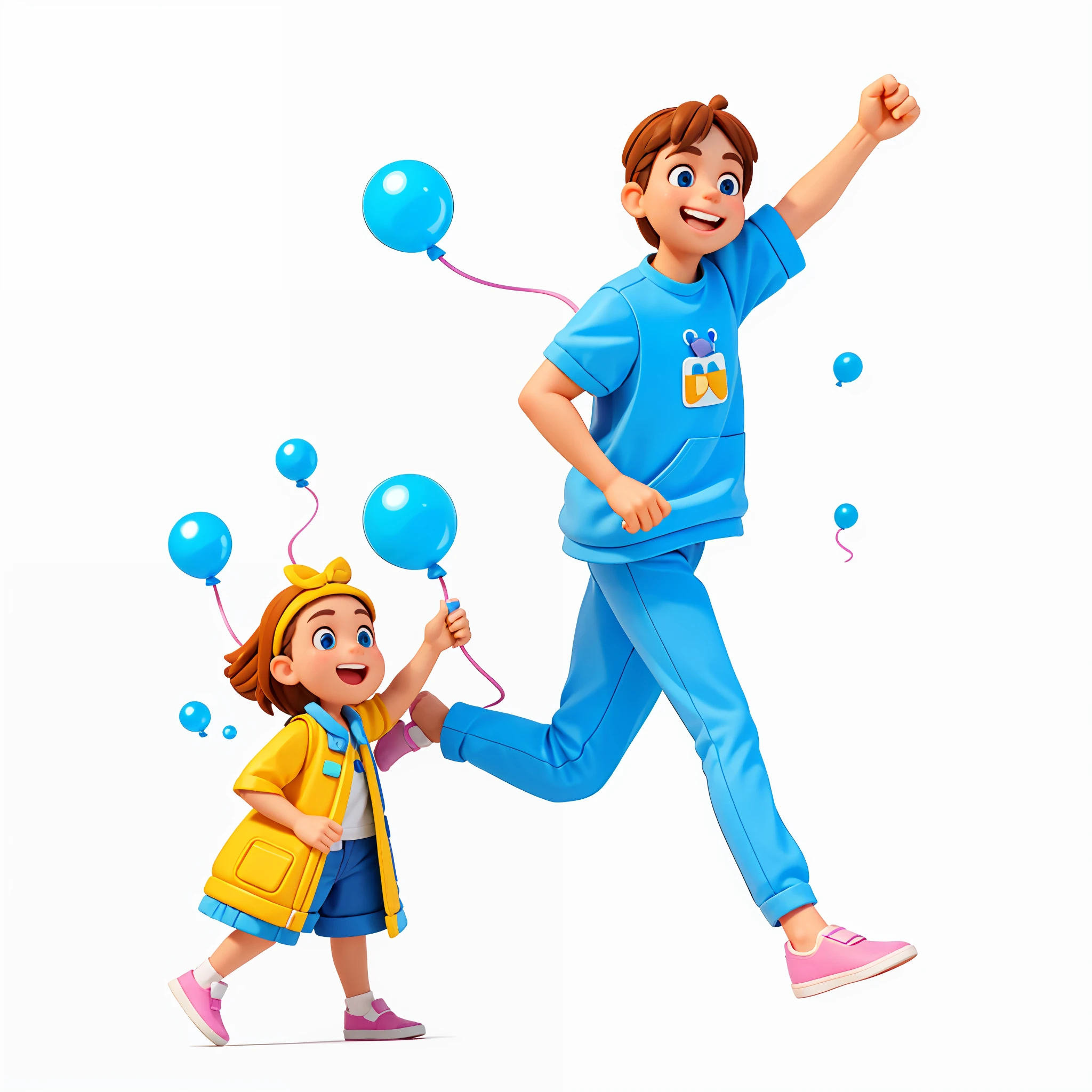 (two people), (middle-aged uncle: 1.3), (child), laughing, happy, running, blowing bubbles, balloons around, wearing fashionable clothes, colorful, blue sky and white clouds, natural scenery, lots of grasslands around, amusement park background, dreamy, exciting, super cute kids IP by bubble mart, bright colors, model blind box toy, disney style, fine gloss, oc rendering, pastel colors, movie textures, medium close-up, high detail, 3d rendering, high quality, best quality, 8K