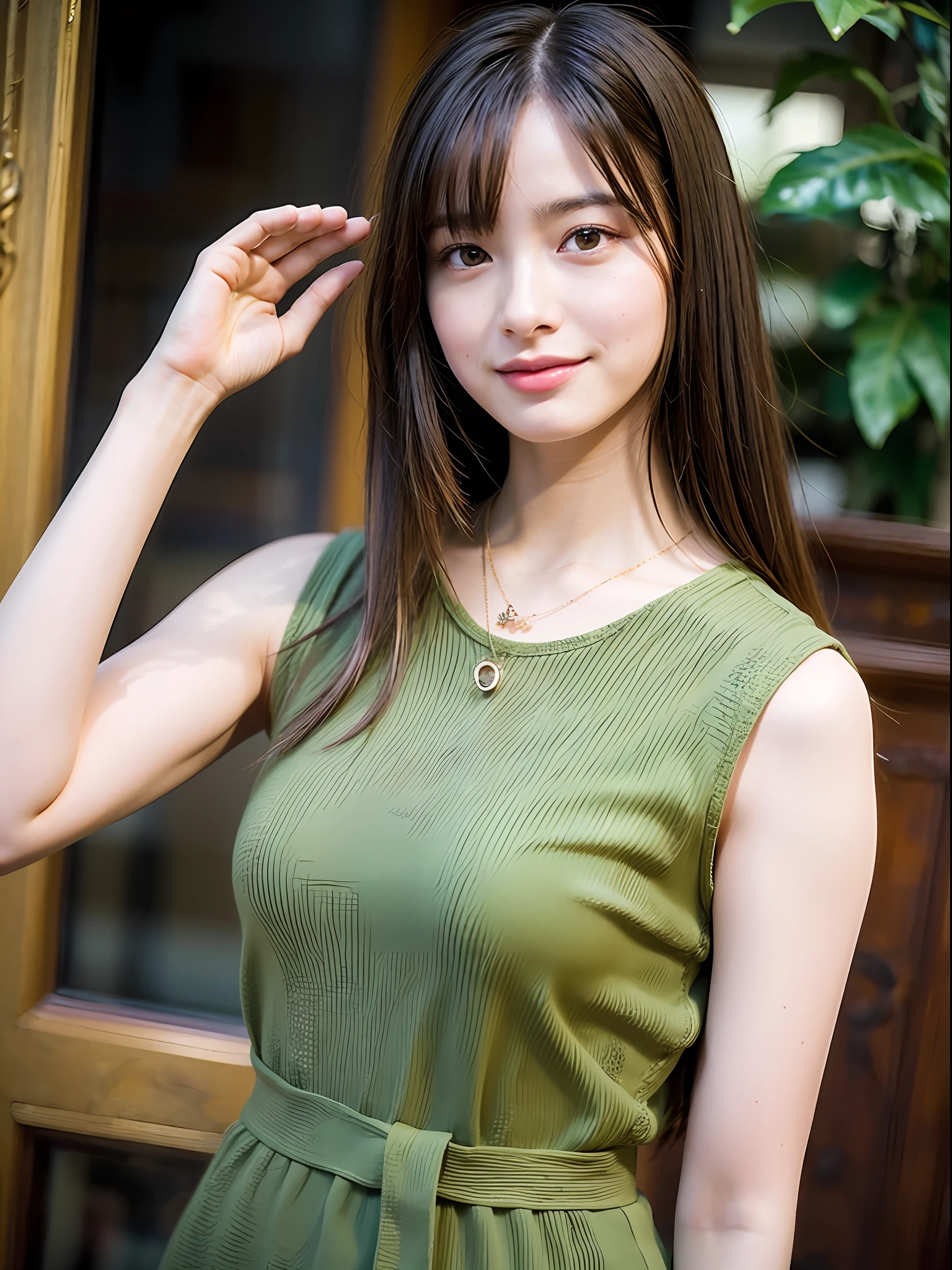 18 year old girl with perfect face and big, café, hands in cat pose, cute clothes, slim and slender physique. The skin has detailed and highly detailed eyes (1.1 emphasis), very detailed skin texture (1.1 emphasis). slender necklace, model photo style, photorealistic, skin texture is real human skin texture, detailed skin pores, complex details, eyes are very detailed, khaki sleeveless dress, in the city, smile