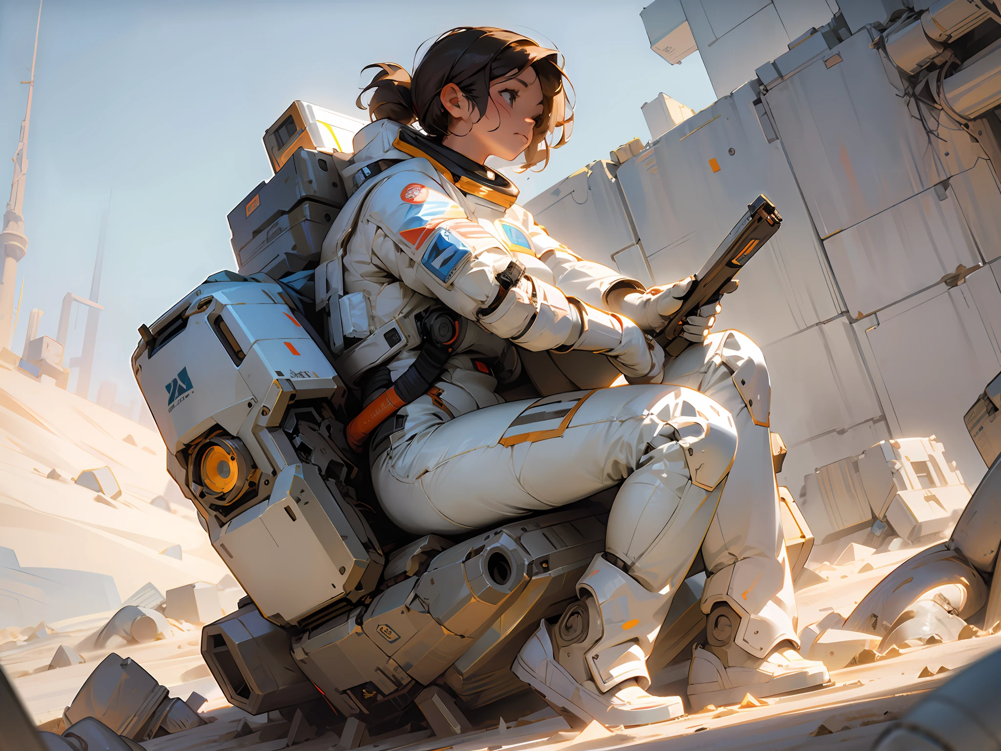 masterpiece, hyperdetail, Illustrations, dynamic angle, 1 girl, spacesuit, full body, outdoor, dust, sandstorm, post-apocalyptic wasteland, third person, withe flower, cinematic lighting