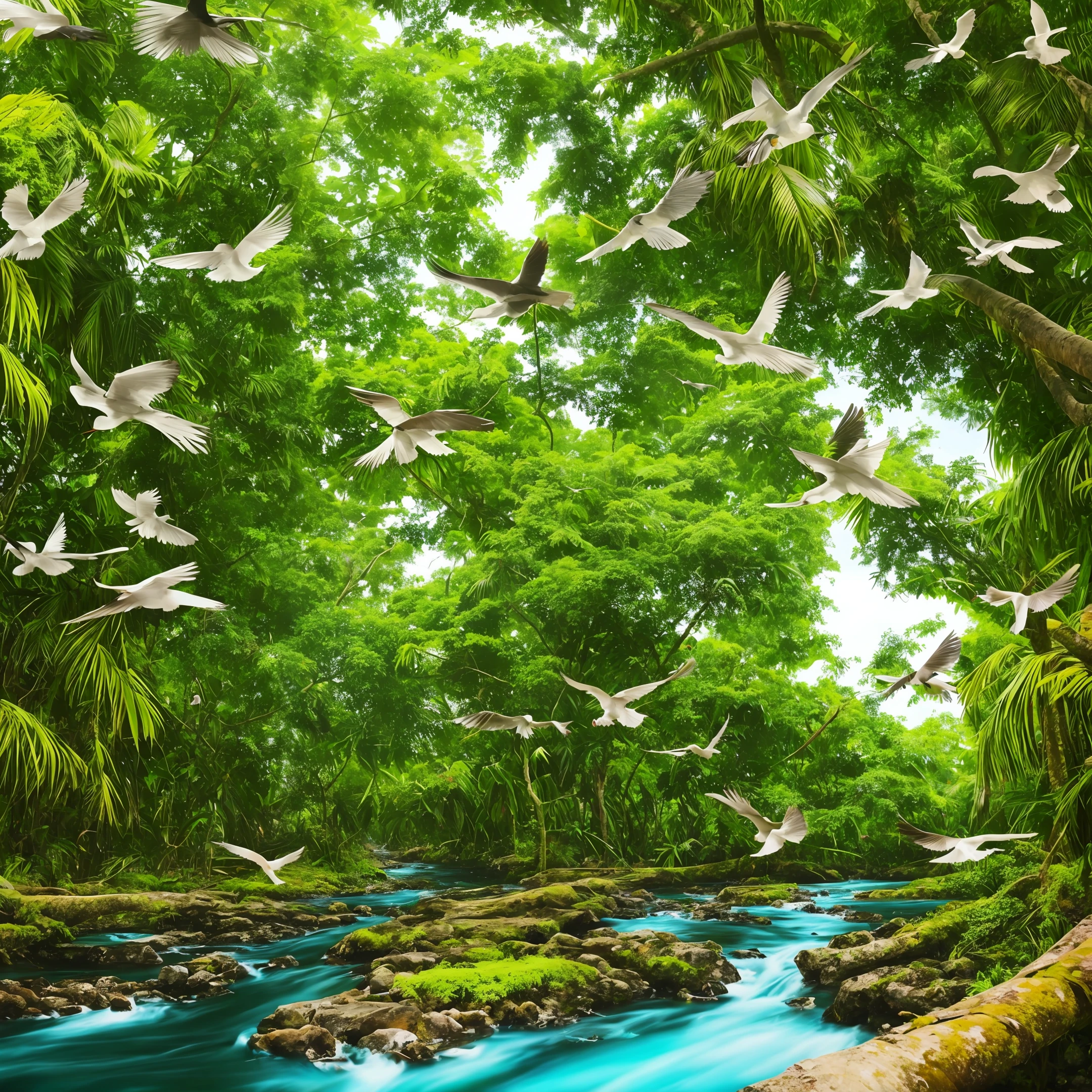Tropical nature, trees beside a stream, flying birds