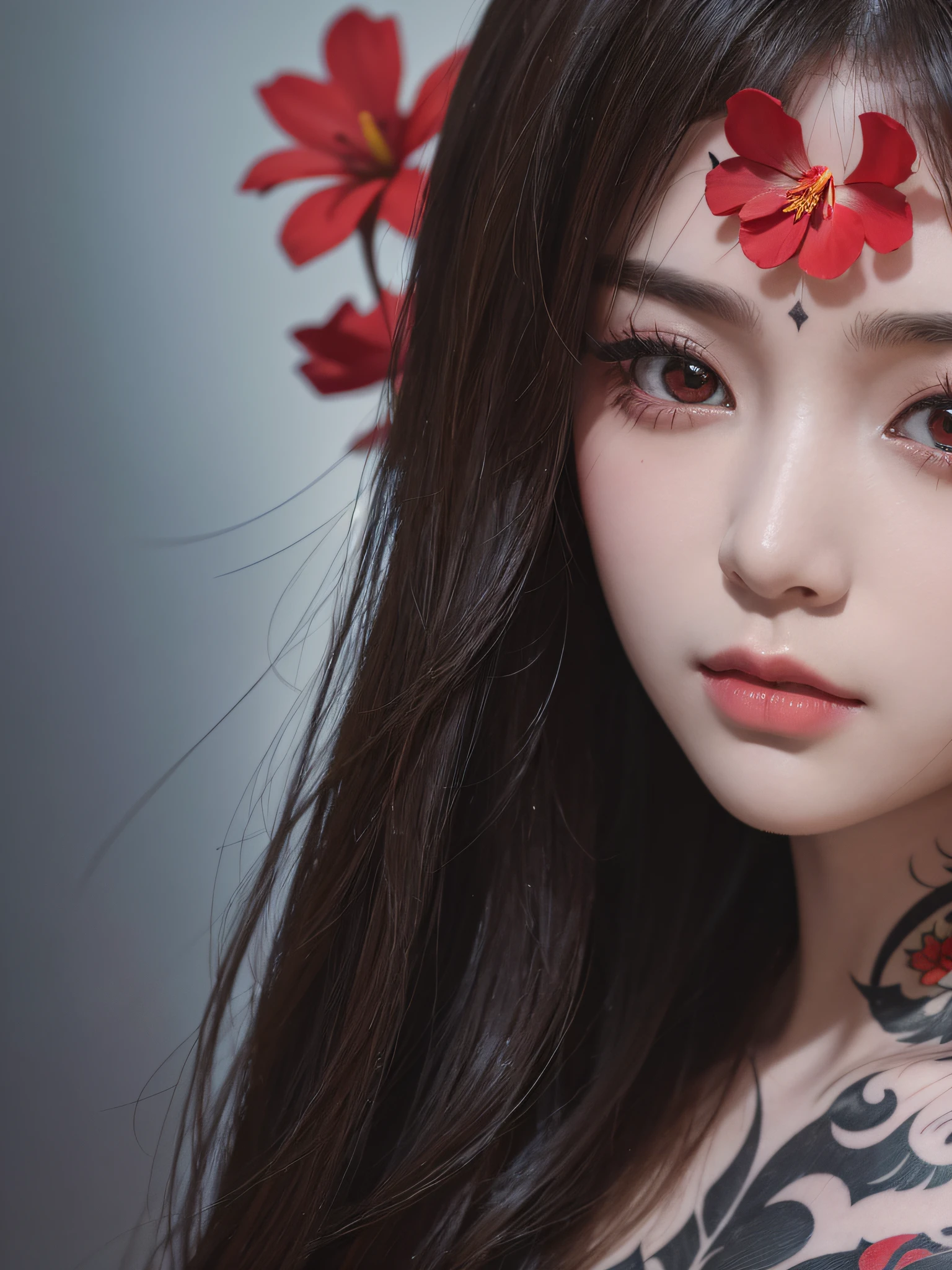 Best Quality, Masterpiece, Ultra High Resolution, (Fidelity: 1.4), Hanfu, Film Grave, 8K, Girl, Best Quality, Full Body, Three-Part Composition, Photo, Real, Symmetrical Eyes, Beautiful Face, Detailed Light and Shadow, Stunning Detail Pattern, Tattoo with Red Flower on Forehead, Daylight, Strong Edges,