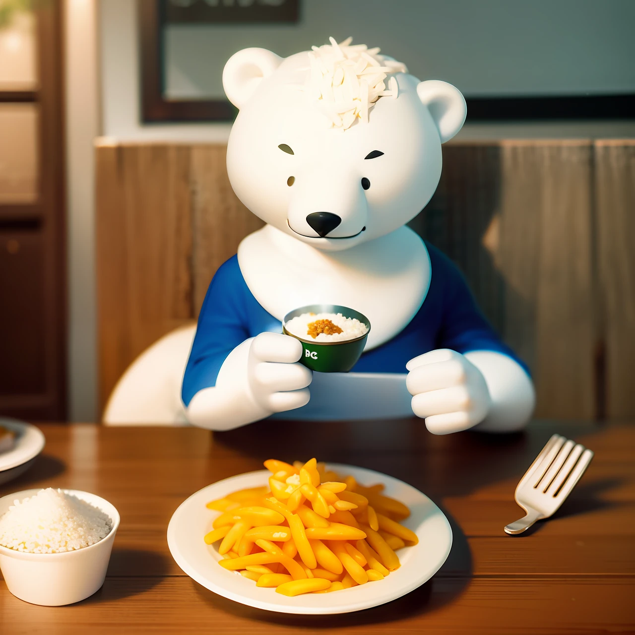 Polar bear comics eating a dish made with rice and beans accompanied with 3d fries, disney style