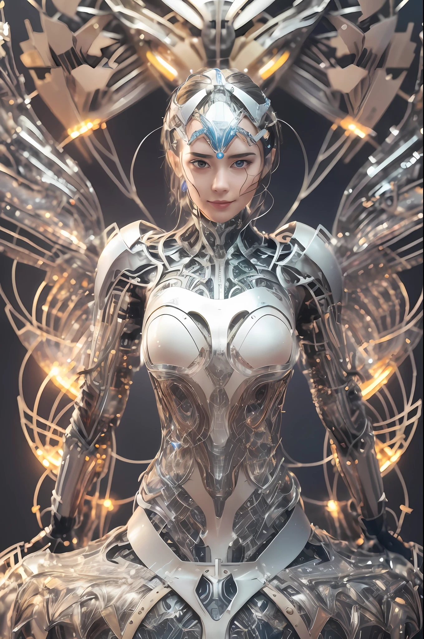 I am a humanoid robot with a smooth, silvery-white metal shell. My body has clean and smooth lines and is full of modernity. My head is round, and my eyes are clear, bright blue points of light, representing my intelligence and insight. My mouth is an arc of smiles, giving a feeling of friendliness and warmth. My height is about the average human height, which makes me more natural and integrated when communicating with people. My shoulders and arms are flexible and able to perform a variety of delicate movements and tasks. My palm has touch sensing technology that senses and touches objects to better interact with the environment. Instead of legs, I used a pair of rounded bases to keep it stable. There are wheels on this base that allow me to move freely on smooth ground. The design of the base is simple and harmonizes with my overall look