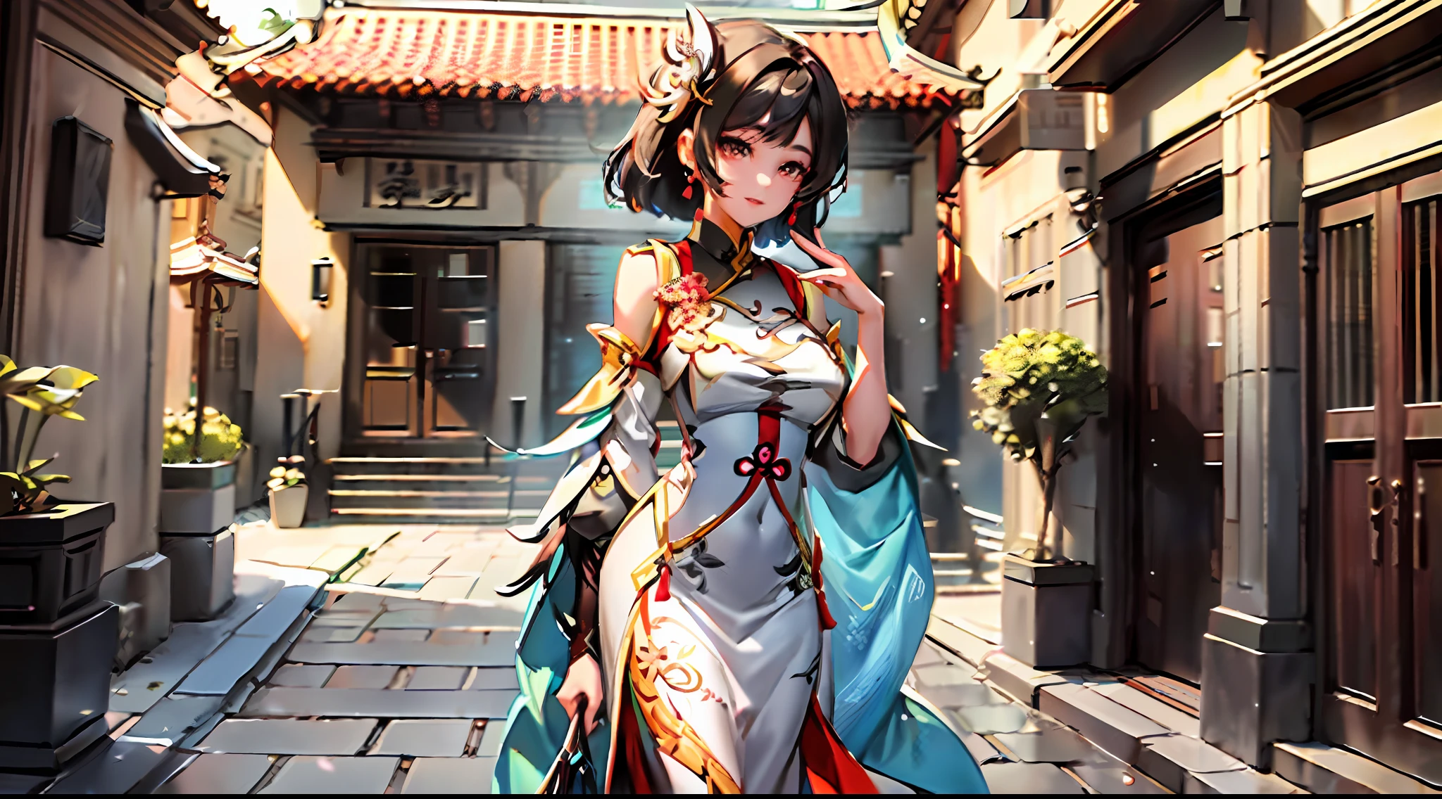 The quality of the details is flawless, and the graphics are like giants! ((Masterpiece)) A beautiful maiden, elegantly dressed in a cheongsam above the knee, smiling, her skin shining. She stands and strolls through the beautiful courtyard.