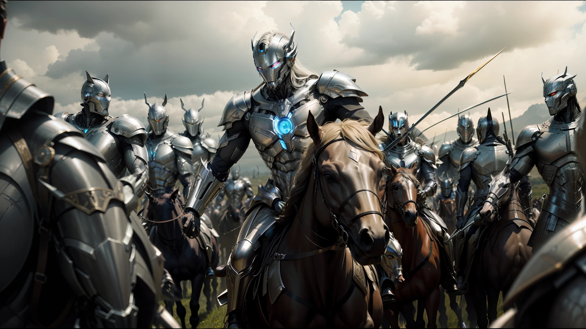 arafed image of a group of men riding horses in a field, cyberpunk robotic elvish queen, still from the movie, silver armor with gold trim, ultron, an army of evil, made of liquid metal, strong imagery, sleek armor, styleframe, armor made of bark