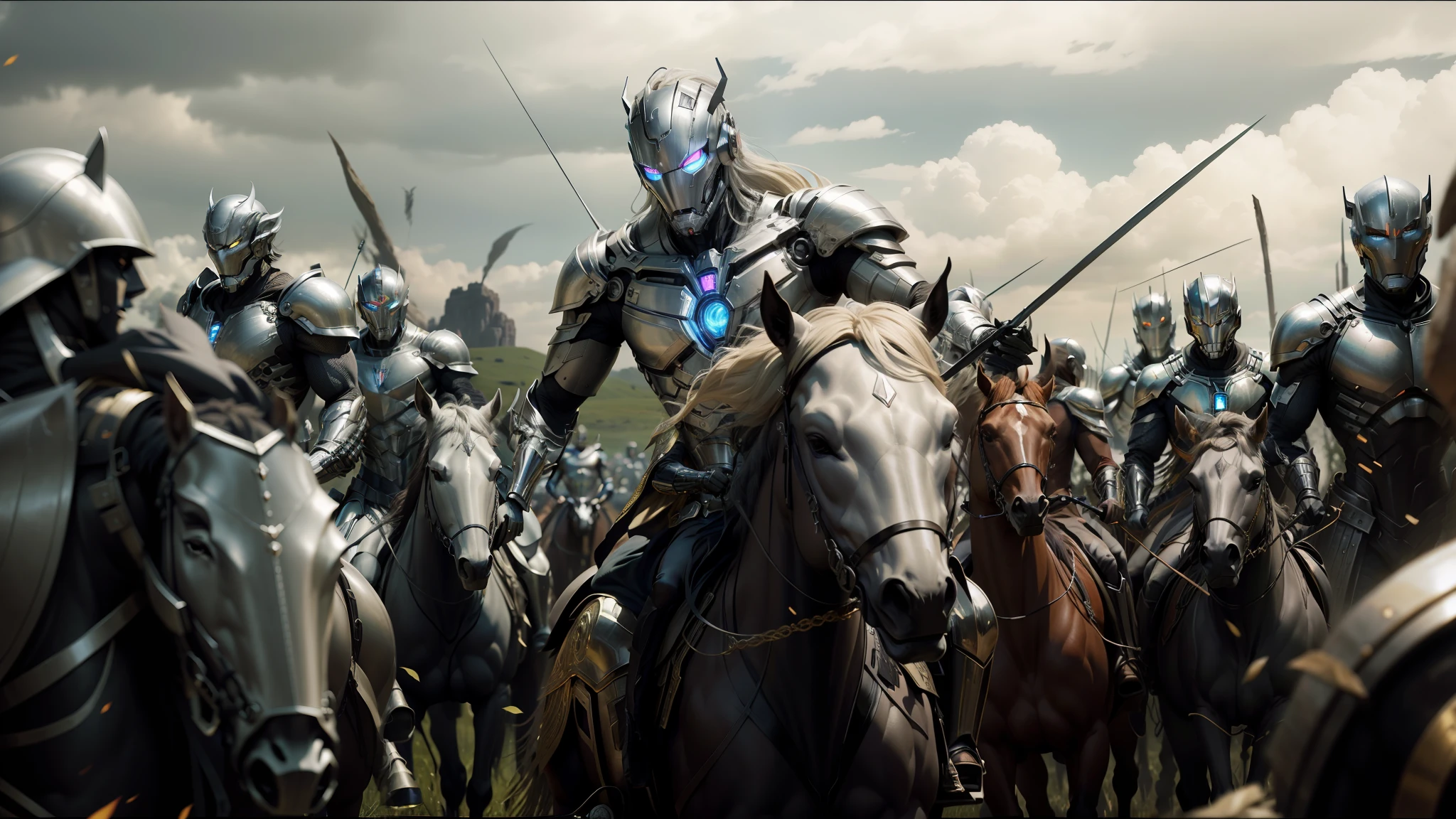 arafed image of a group of men riding horses in a field, cyberpunk robotic elvish queen, still from the movie, silver armor with gold trim, ultron, an army of evil, made of liquid metal, strong imagery, sleek armor, styleframe, armor made of bark