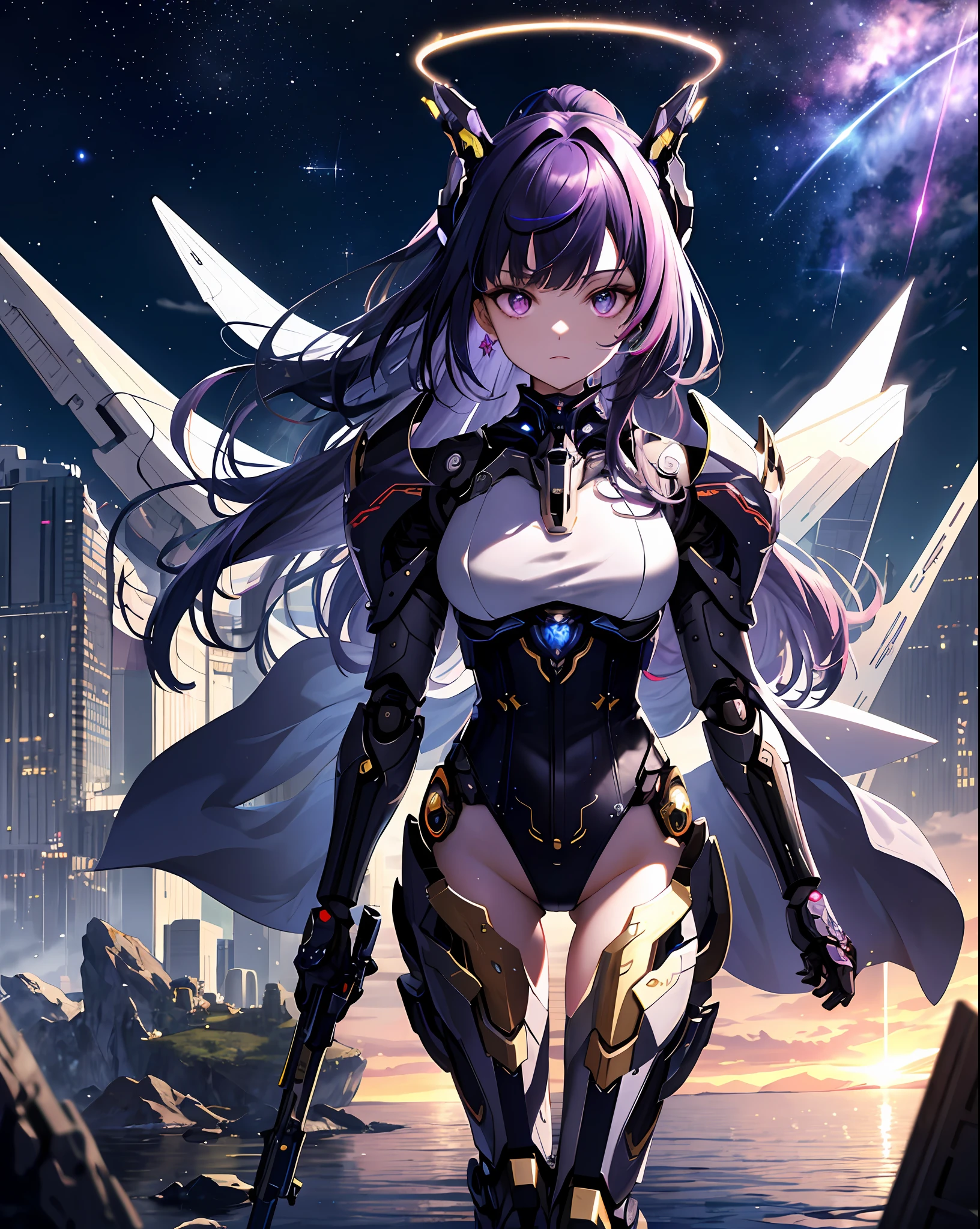 masterpiece,best quality,ultra-detailed,very detailed illustrations,extremely detailed,intricate details,highres,super complex details,extremely detailed 8k cg wallpaper,cowboy shot, caustics,reflection,ray tracing,demontheme,nebula,dark aura,cyber effect, (1girl:1.4),solo,alone,mecha musume,mechanical parts, robot joints,single mechanical arm, headgear, mechanical halo,star halo,intricate mechanical bodysuit, mecha corset, kimono, full armor, very long hair, dark-purple hair, hair between eyes, multicolored hair, colored inner hair, purple eyes,glowing eye,eye trail, random expressions,random action, ancient japanese architecture,pond, starry sky,skyline,