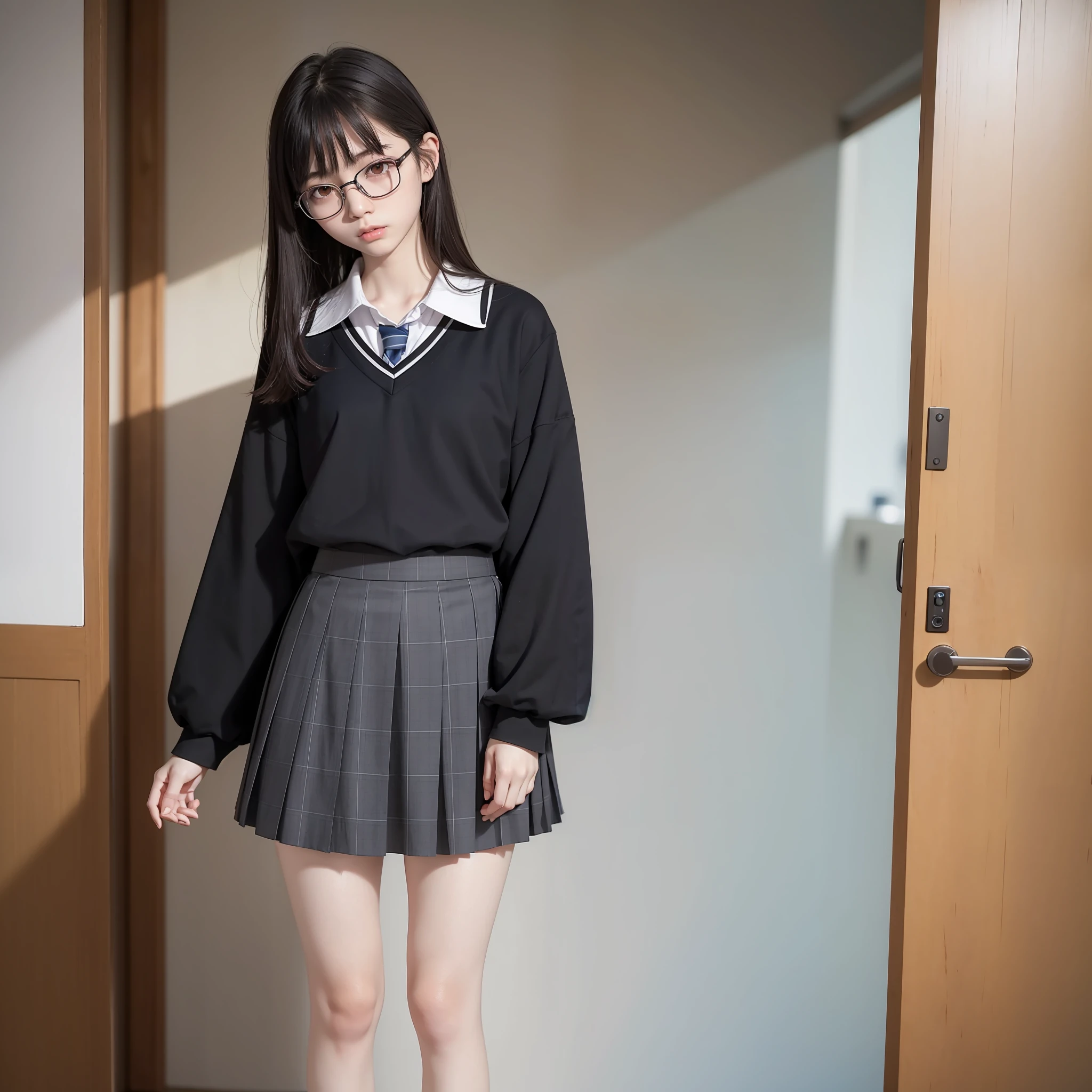 Raw photo, Candid, textured skin, 1 girl,full body,(Medium hair:1.2), pale skin, Japan person, glasses, small, young, tall, dark look, bright black eyes, narrow eyes, anger, school uniform, blue checked skirt, slender body, medium build, small waist, wide thighs, photorealistic, best quality, 8k, masterpiece