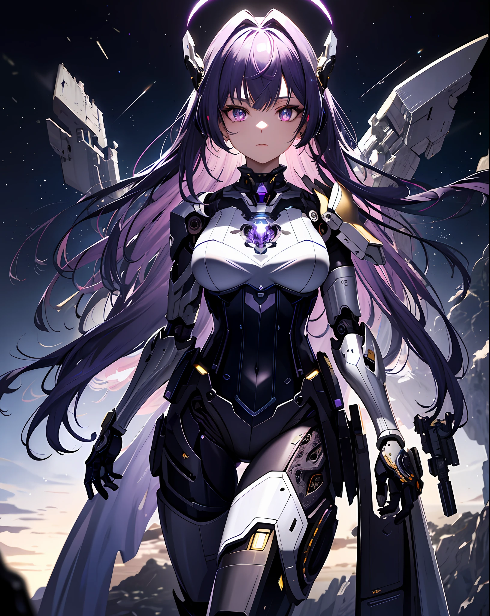 masterpiece,best quality,ultra-detailed,very detailed illustrations,extremely detailed,intricate details,highres,super complex details,extremely detailed 8k cg wallpaper,cowboy shot, caustics,reflection,ray tracing,demontheme,nebula,dark aura,cyber effect, (1girl:1.4),solo,alone,mecha musume,mechanical parts, robot joints,single mechanical arm, headgear, mechanical halo,star halo,intricate mechanical bodysuit, mecha corset, kimono, full armor, very long hair, dark-purple hair, hair between eyes, multicolored hair, colored inner hair, purple eyes,glowing eye,eye trail, random expressions,random action, ancient japanese architecture,pond, starry sky,skyline,