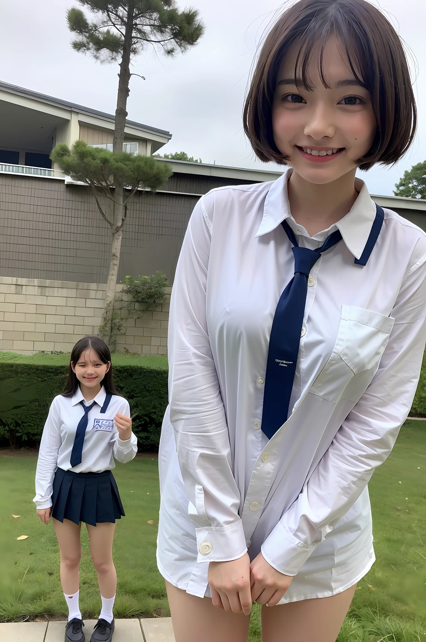 Upper eyes, li face, babig, clothes are wearing but breasts are visible, underwear is visible, short hair, smiling, innocent, thin clothes, fluffy, high school girl, school uniform, shirt exposed, skewed, wet from rain, uniform off, undressing