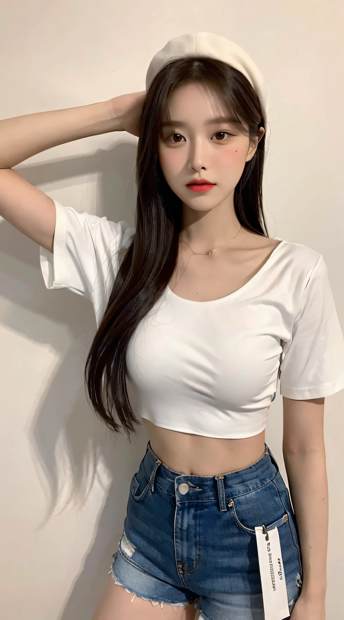 ((Best Quality, 8K, Masterpiece: 1.3)), (Flower Cap: 1.3), Focus: 1.2, Perfect Body Beauty: 1.4, Buttocks: 1.2, (Layered Haircut: 1.2)), (Dark Street: 1.3), Highly Detailed Face and Skin Texture, Full Body, Delicate Eyes, Double Eyelids, Whitened Skin, Long Hair, (Round Face: 1.5), (Loose Crop Top, Shorts: 1.6)